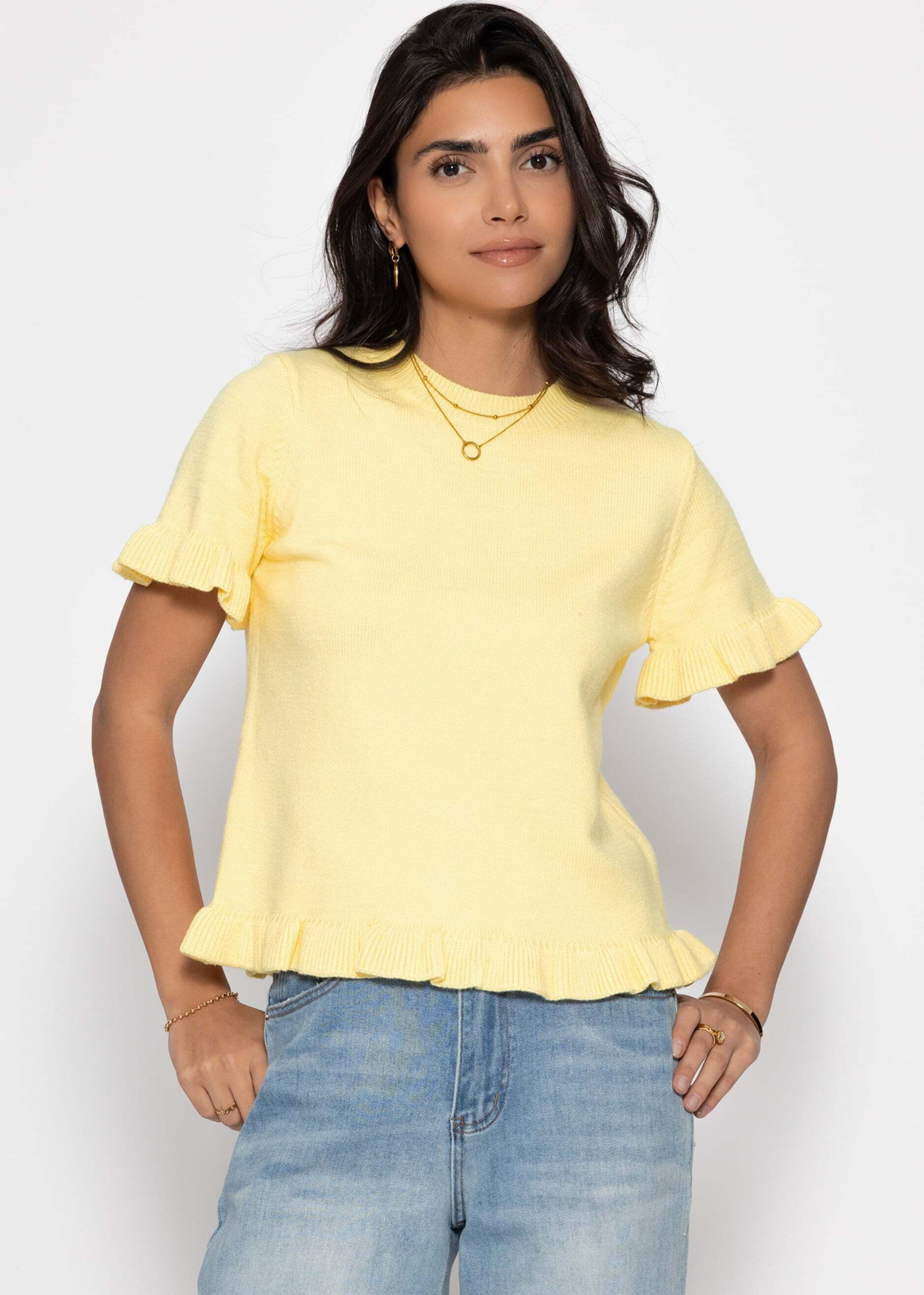 SASSYCLASSY Strickpullover Kurzarm-Pullover mit Volants für Damen Verspieltes Shirt aus Strick im geraden Schnitt mit Rundhals
