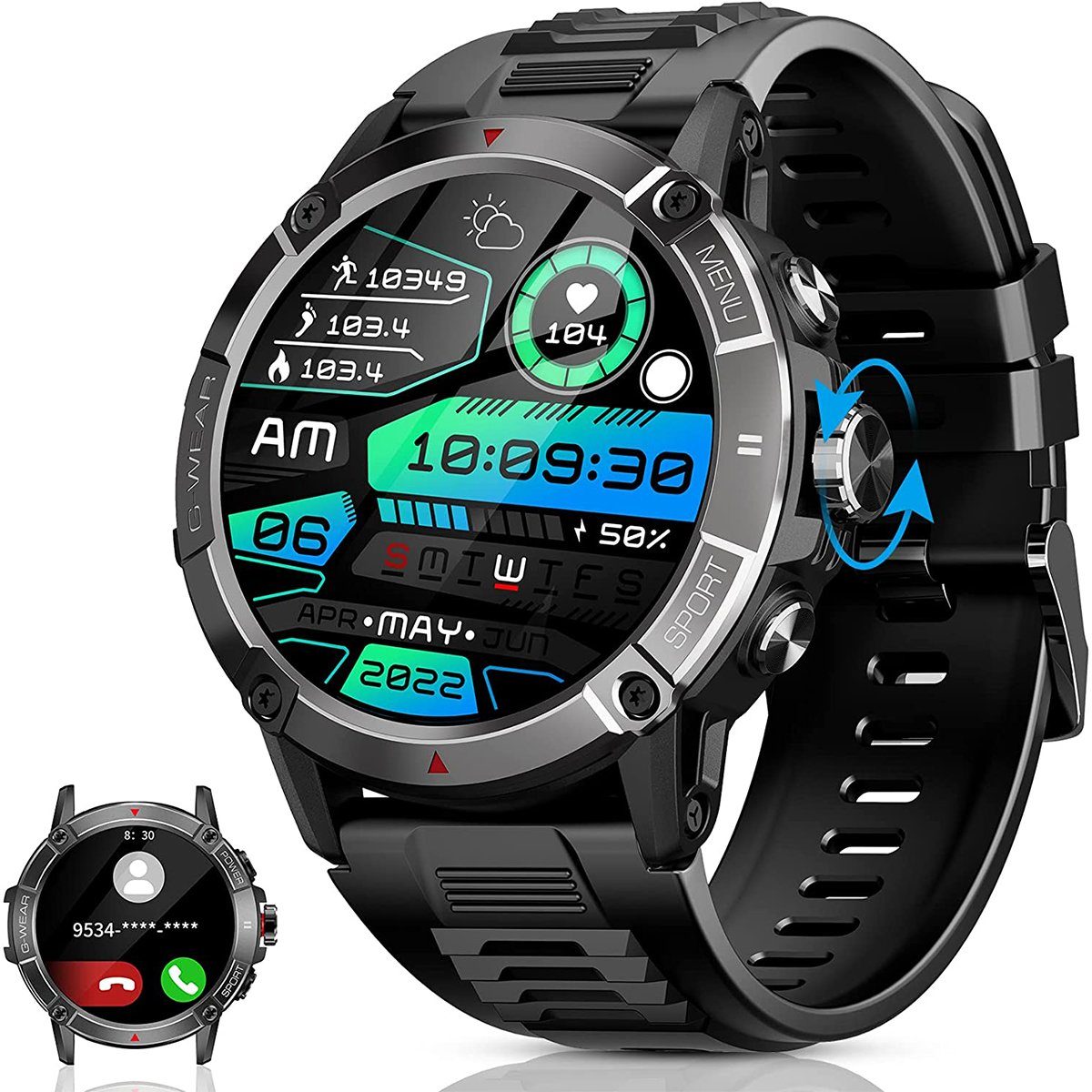 autolock Smartwatch Sportuhr mit Telefonfunktion 1,52" Touchscreen Smartwatch, IP68 Wasserdicht Smart Watch mit Blutdruckmessung Schlafmonitor