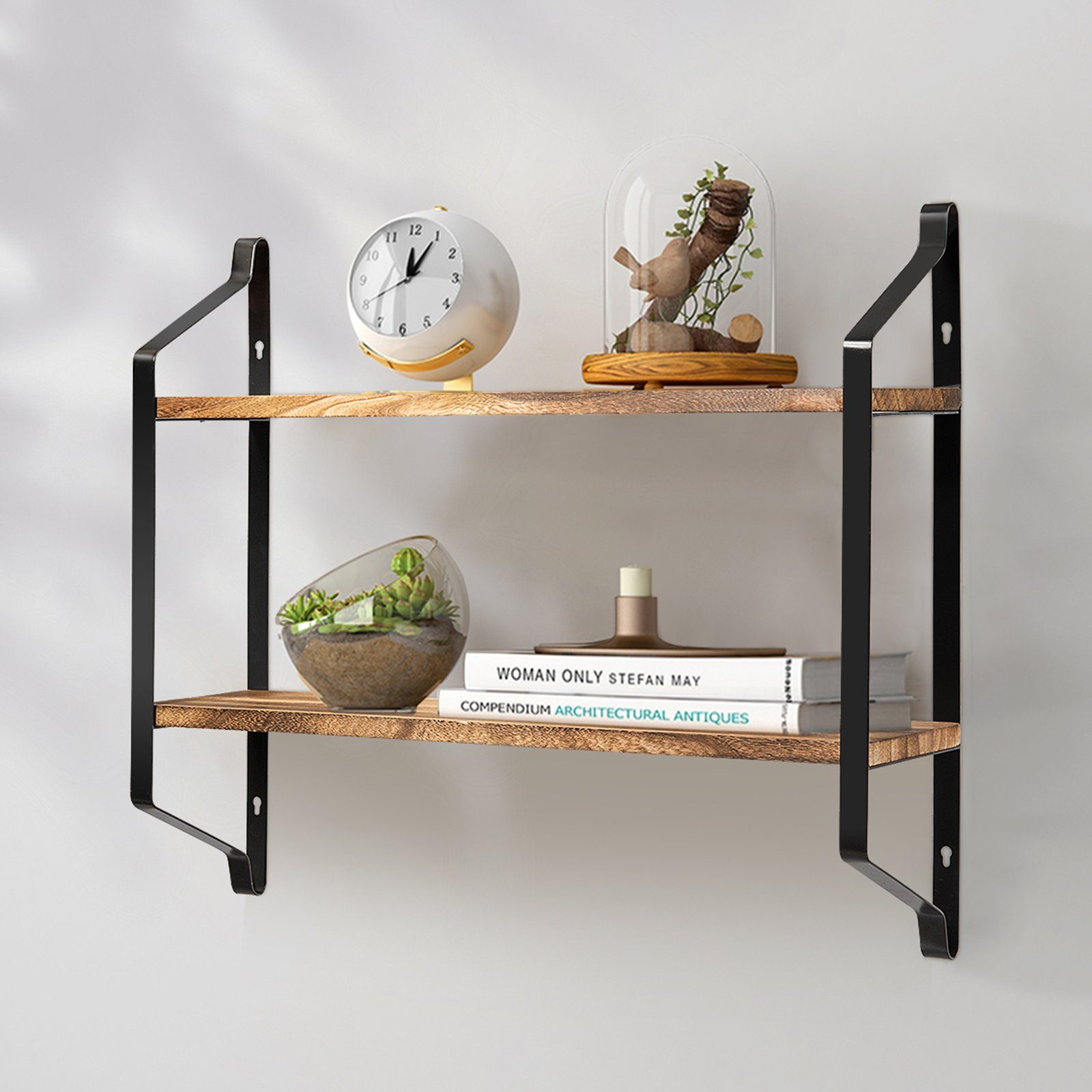 COSTWAY Wandregal Lagerregal, 2 Ebenen für Küche, Holz+Metall, 60x15x51cm günstig online kaufen