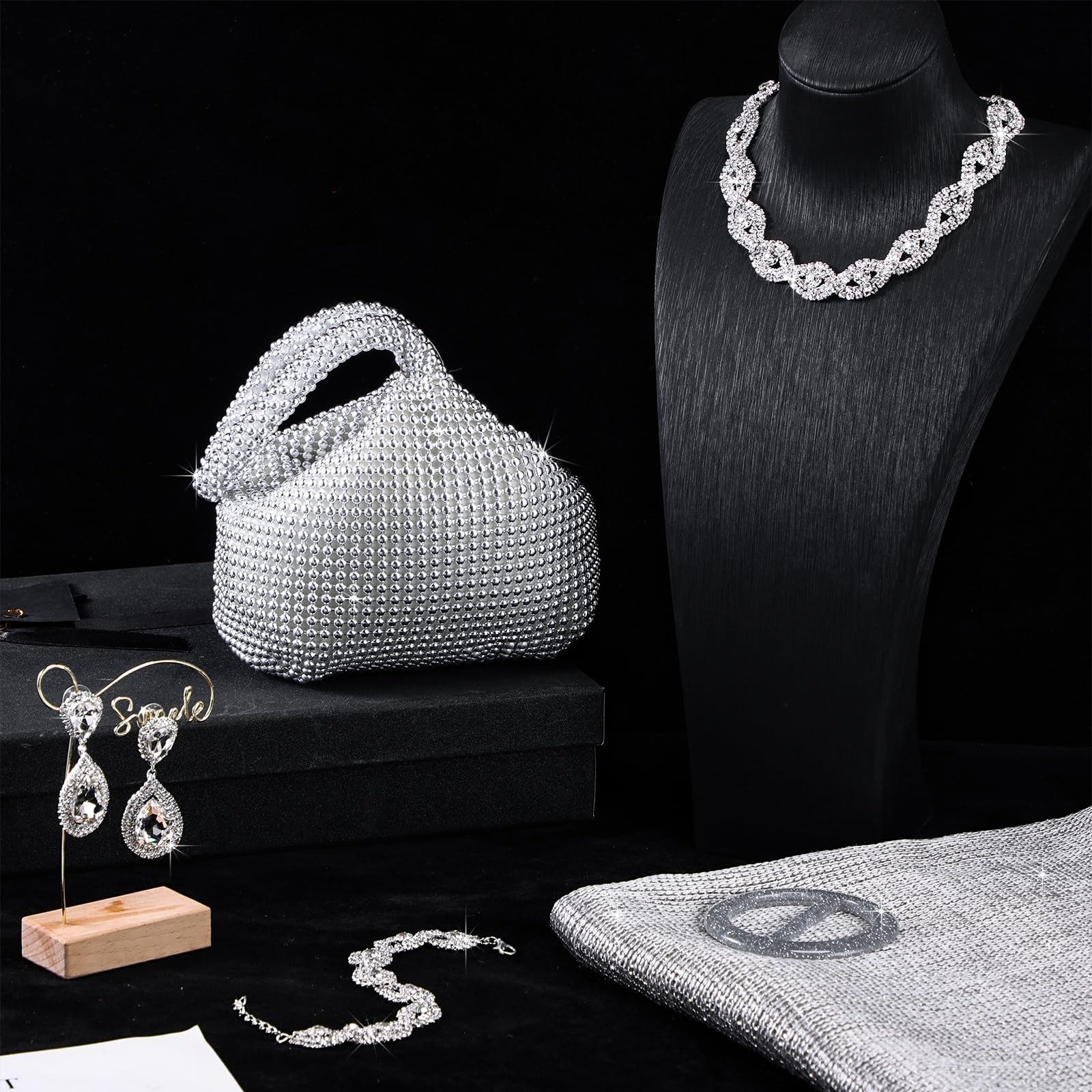 nsihing Schmuckset Silbernes Ballschmuckset, Damen-Silberschmuck-Set, Abendtasche, Armband, Halskette und Schal-Set – Bild 3 von 5