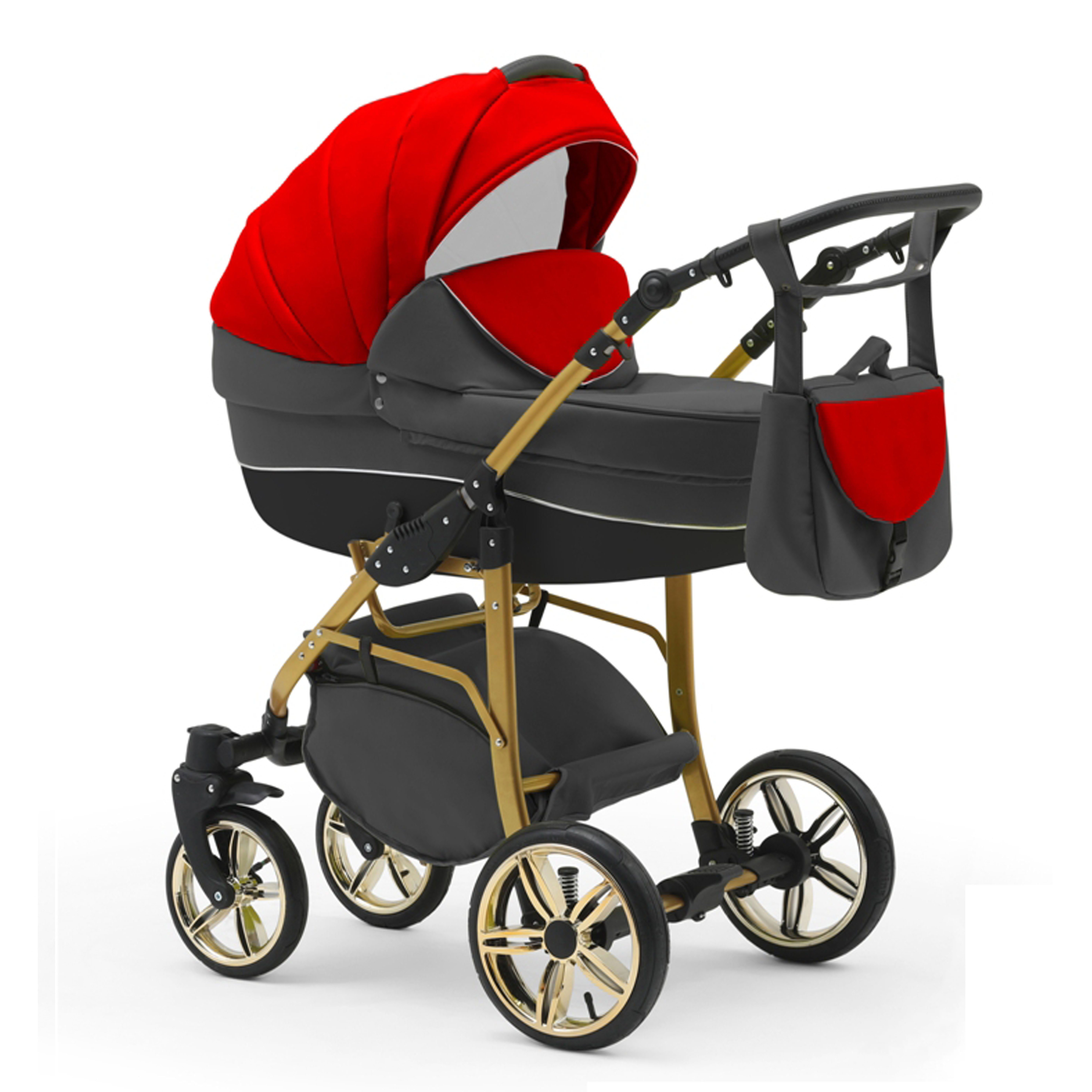 babies-on-wheels Kombi-Kinderwagen 2 in 1 Kinderwagen-Set Cosmo ECO Gold - 13 Teile - in 46 Farben Rot-Grau-Schwarz