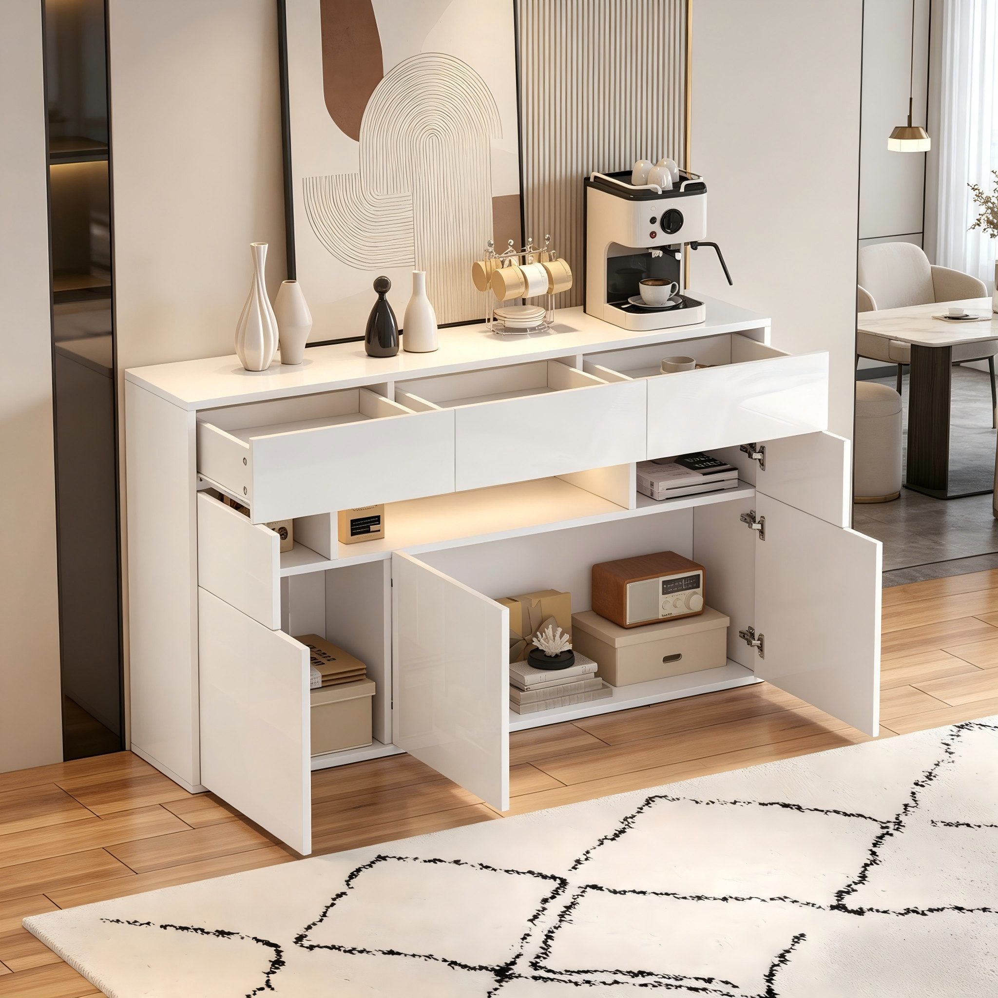 STILVORA Sideboard mit Schubladen,Kommode Aufwahrungsschrank Hochglanz mit LED-Licht (Kommode, Buffetschrank, Wohnzimmermöbel, 1 St., 3 Schubladen und 5 Schränken), Schrank mit 5 Metallbeinen