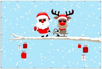 Wallario Sichtschutzzaunmatten Cooler Weihnachtsmann mit Rentier auf einem Ast