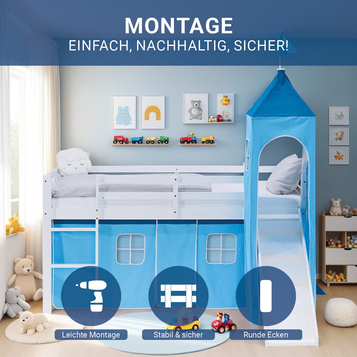 Homestyle4u Hochbett 90x200 Vorhang Kinderbett Holz günstig online kaufen