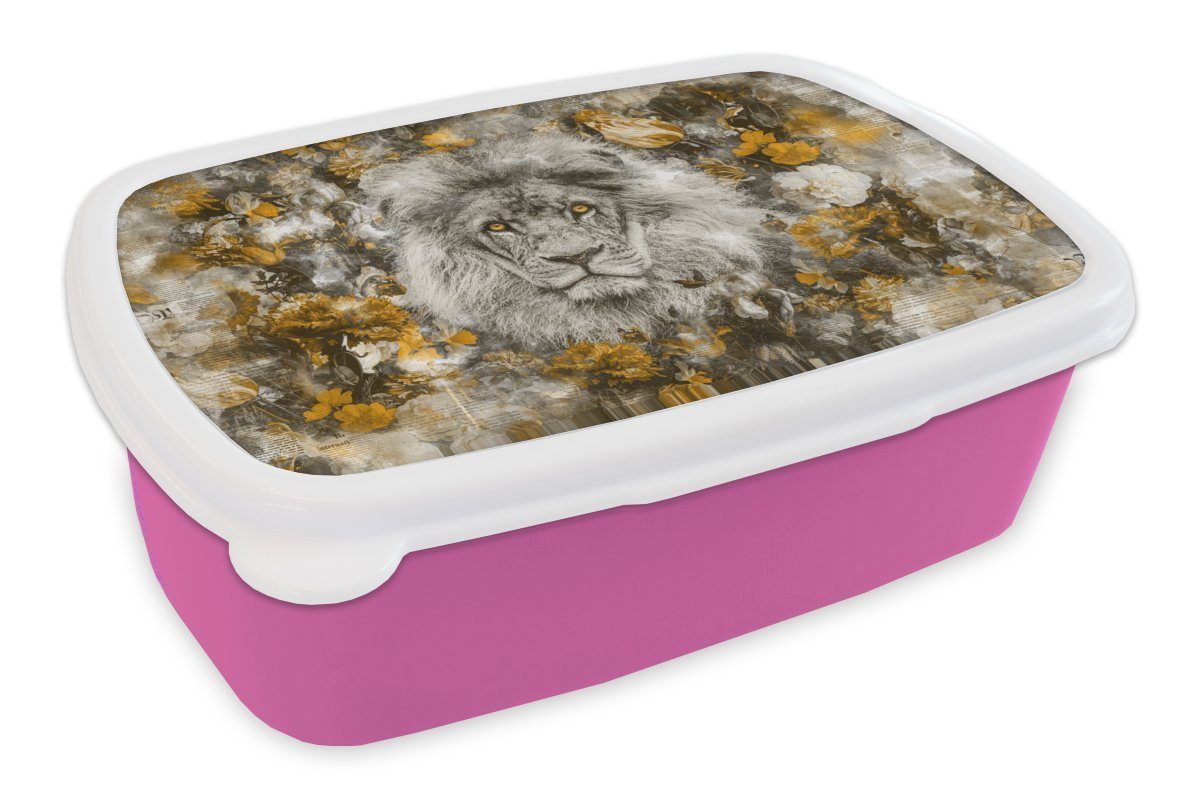 Brotbox rosa MuchoWow Lunchbox Snackbox, Brotdose Blumen Kinder, für Mädchen, Löwe Kunststoff, - Kunststoff Zeitung, (2-tlg), - Erwachsene,