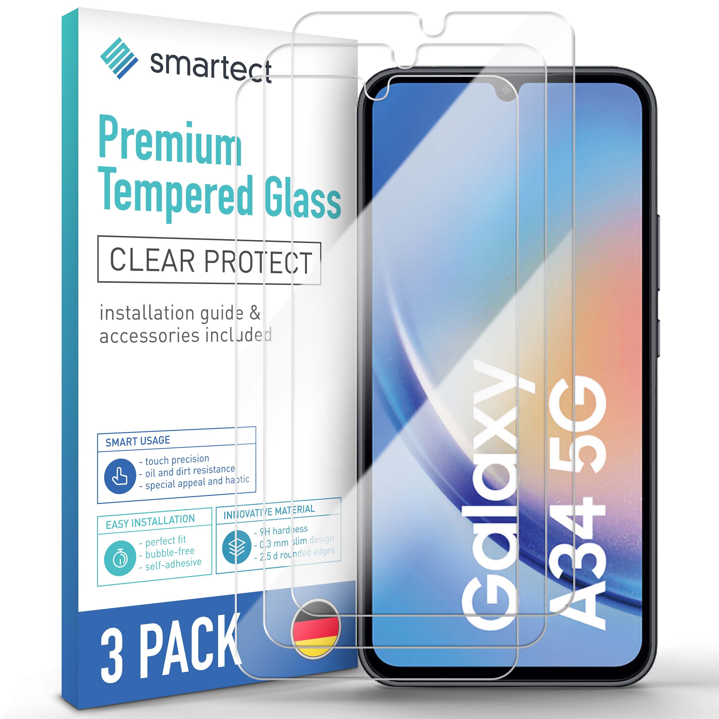smartect Displayschutzglas 3X Schutzglas Panzerfolie Klar für Samsung Galaxy A34 5G für Samsung Galaxy A34 5G, Set, 3 Stück, 0.3 mm Ultra-klar, 9H Härte, Kratzfest, Stoßfest, Blasenfrei, Oleophob