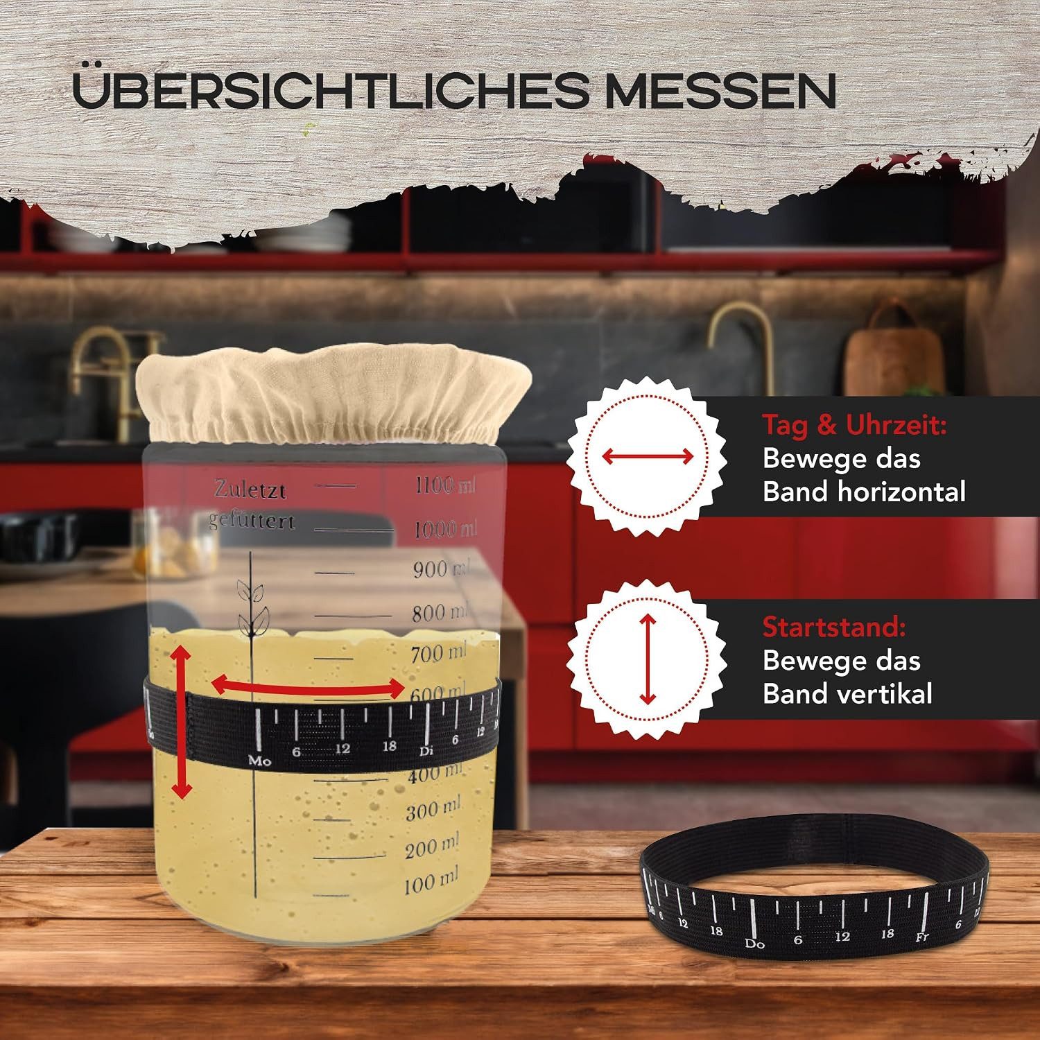 MEISTERZWECK4U Fermentationsglas Sauerteig Starter Set zum Brot backen - 1100ml Gärglas mit Thermometer, (7-teiliges Sauerteig Set für Fermentation und Brotback – Bild 4 von 5