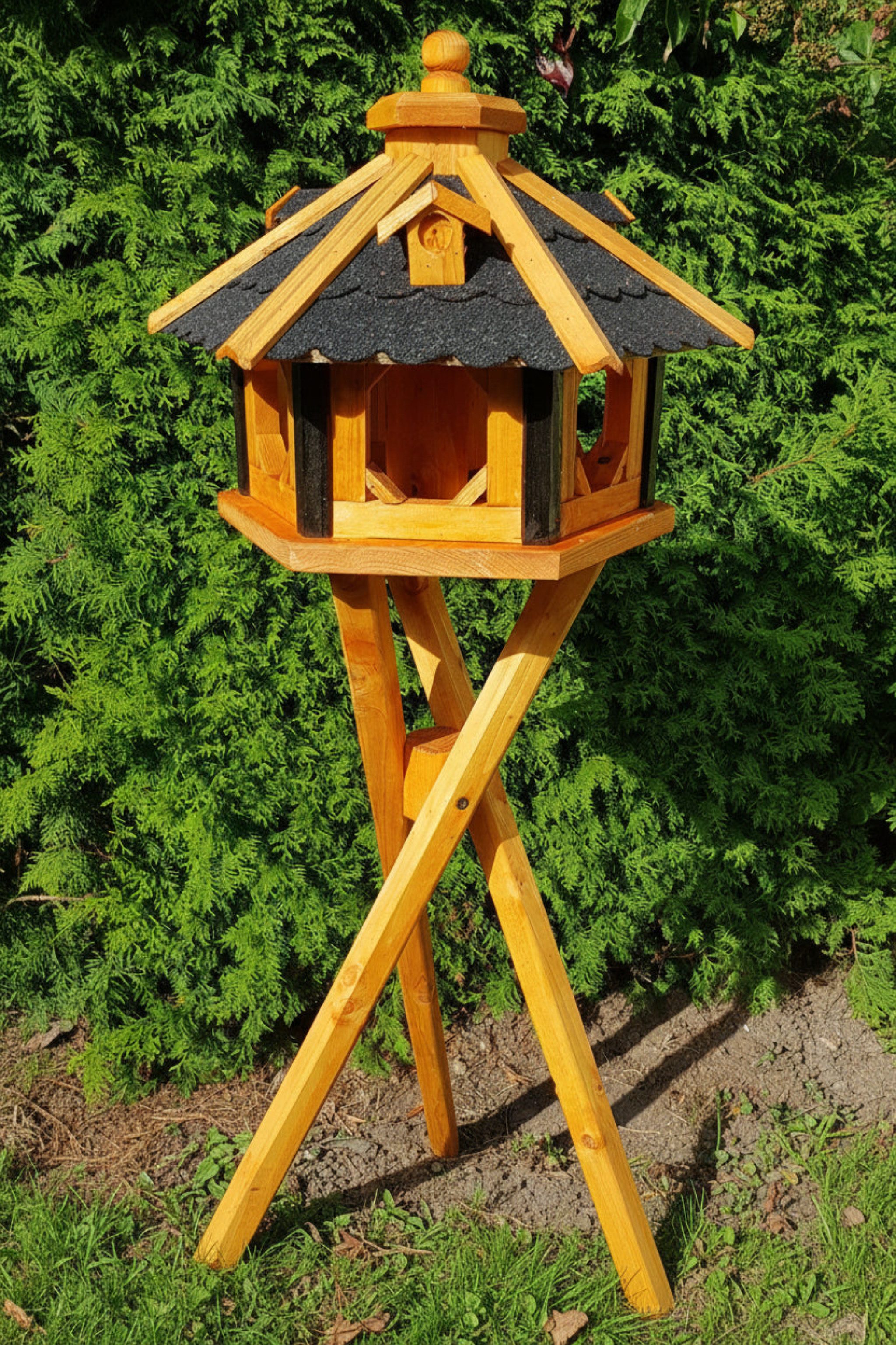 Holzdekoladen Vogelhaus 6-eck Vogelhaus Holz mit Futterspender,wetterfest,optional Ständer
