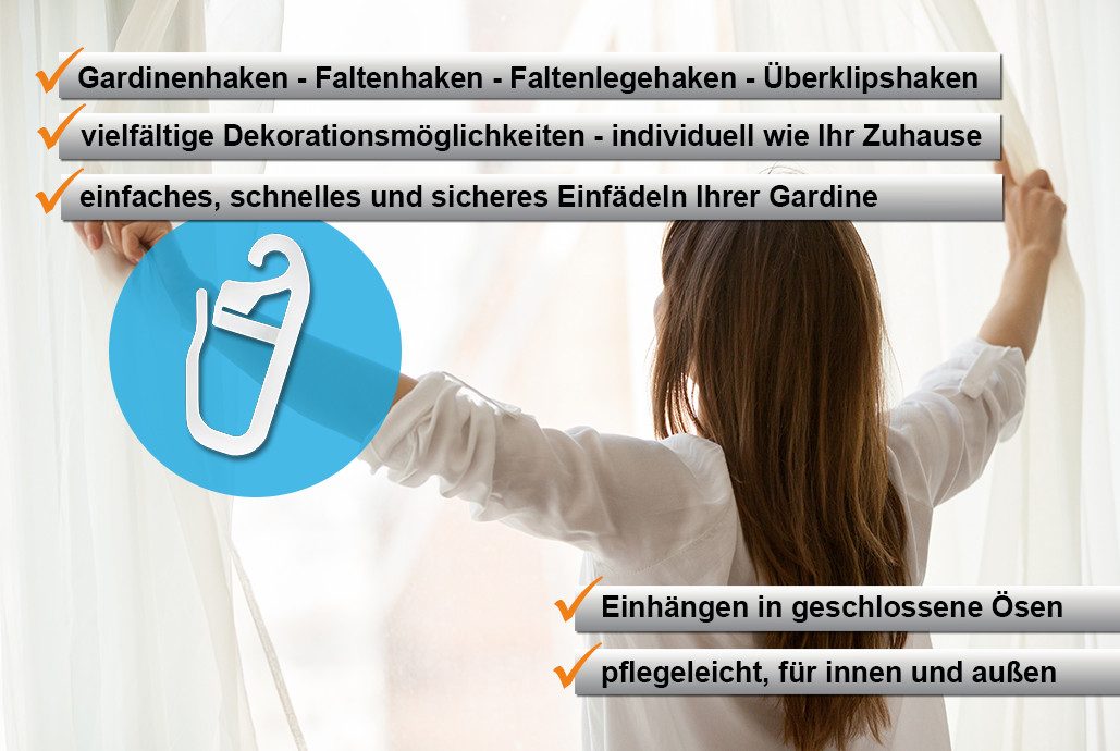 dekondo Gardinenhaken Faltenhaken, Faltenlegehaken, Überklipshaken, zur Befestigung Ihrer Gardinen an Ringen oder Ösen mit max. 3 mm Durchmesser, (300-St), mit verschließbarem Faltenlegehaken
