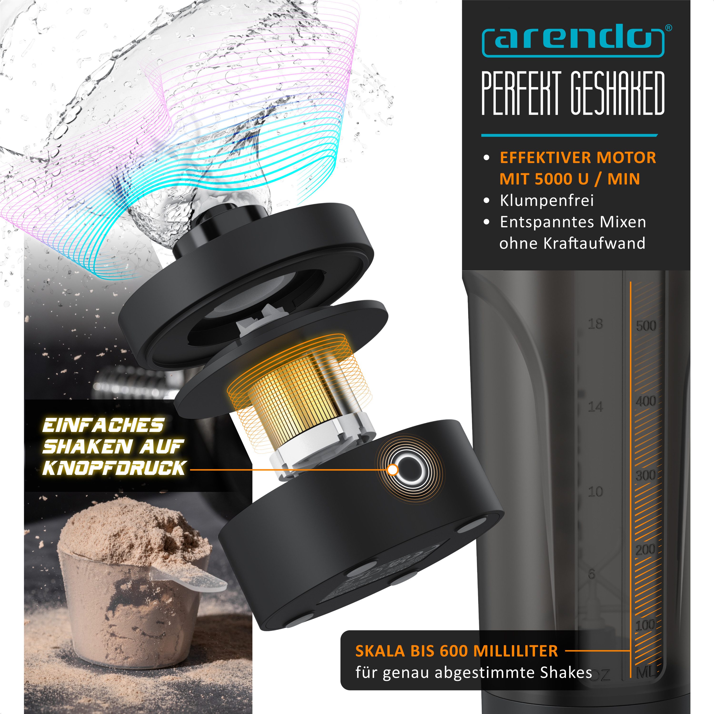 Arendo Protein Shaker Elektrischer Eiweißshaker 700 ml, verschließbar, spülmaschinengeeignet, Kunststoff (BPA-frei), (1-tlg), Mixbecher, Tragegriff, BPA-frei, für unterwegs, Yoga, Finess, Sport
