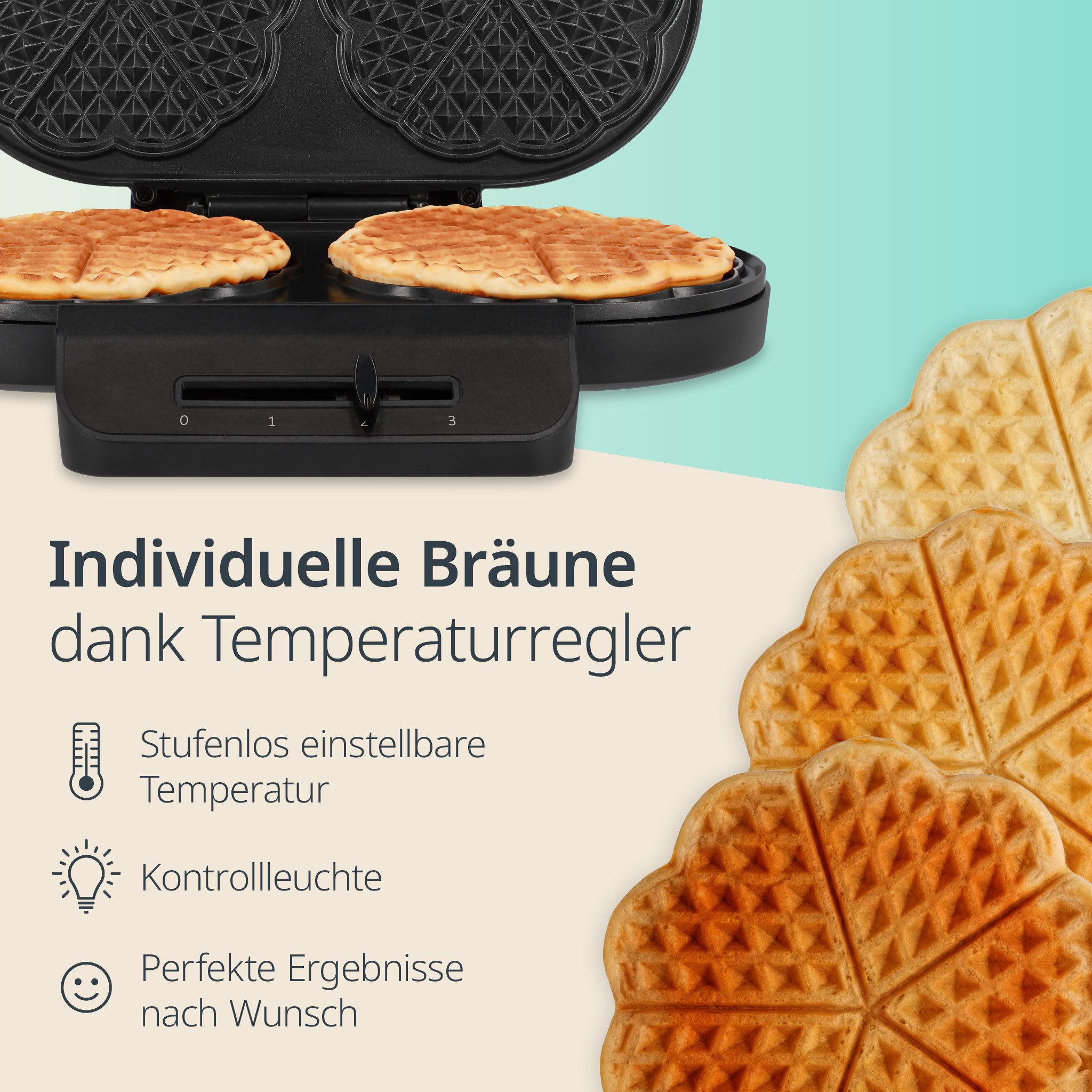 ADE Waffeleisen Doppel-Waffeleisen für 2 Herzwaffeln gleichzeitig, 1200 W, Antihaftbeschichtung, stufenloser Temperaturregler