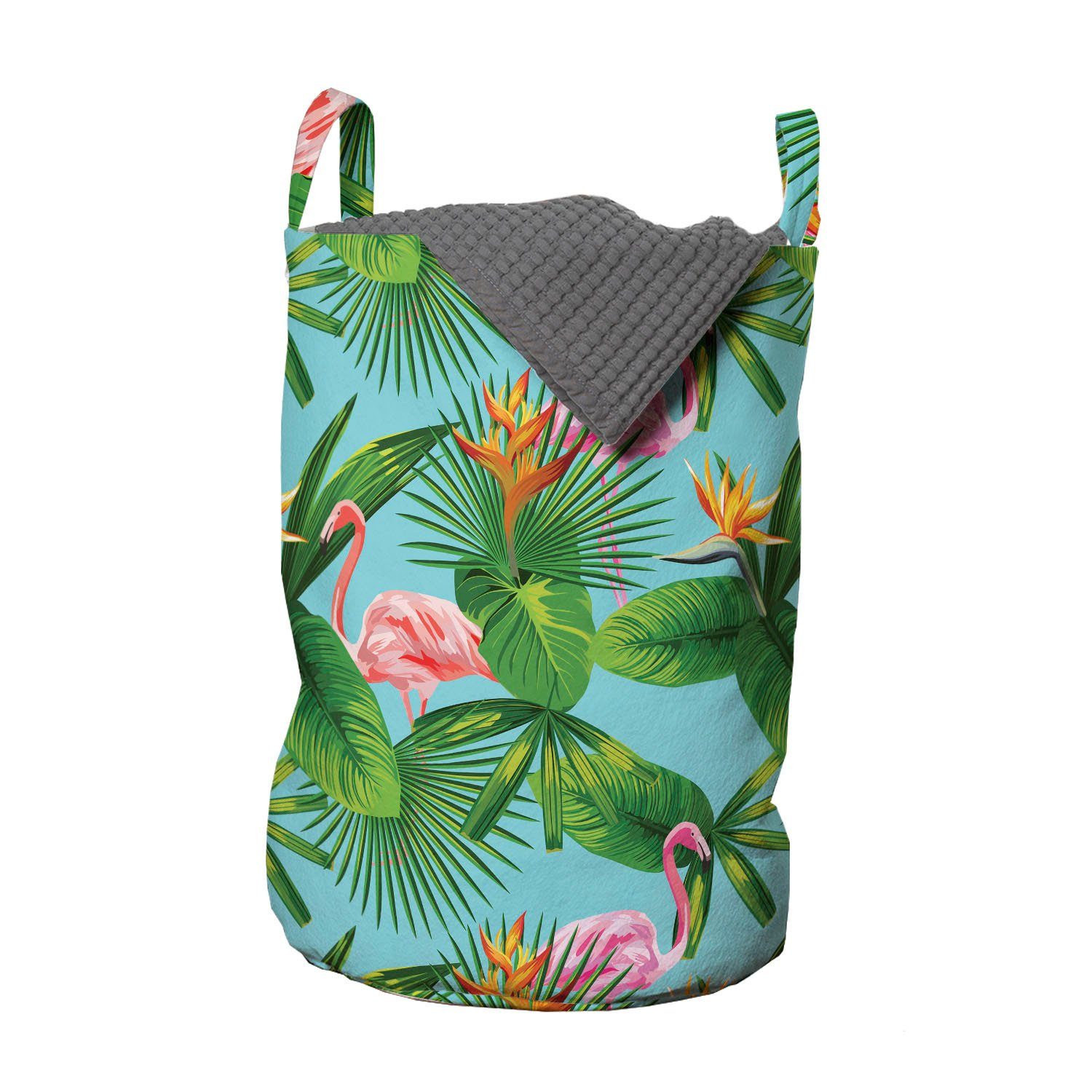 Abakuhaus Wäschesäckchen Wäschekorb mit Griffen Kordelzugverschluss für Waschsalons, Tropisch Flamingos Blätter-Muster