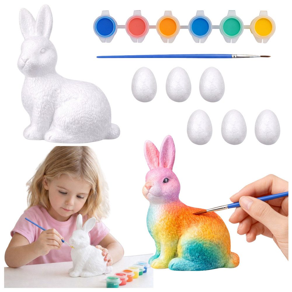 LEAN TOYS Kreativset Bastelset Ostereier Hasenfigur, (Spar-Set, 7-tlg., 13,5 x 9 cm bemalbar), Zum Bemalen, 6 Farben, Pinsel, Hasenfigur, 6 Eier