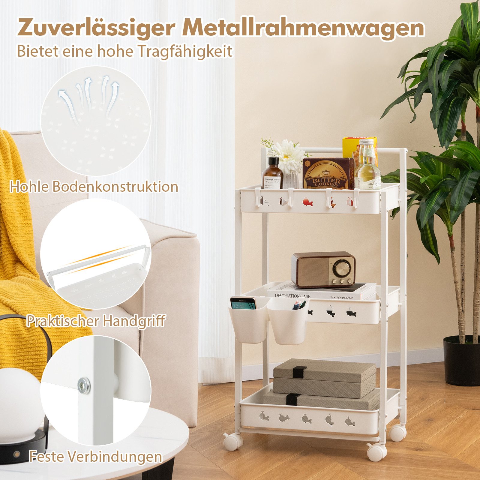 KOMFOTTEU Druckertisch, 3-Ebenen Rollwagen mit Universalrädern