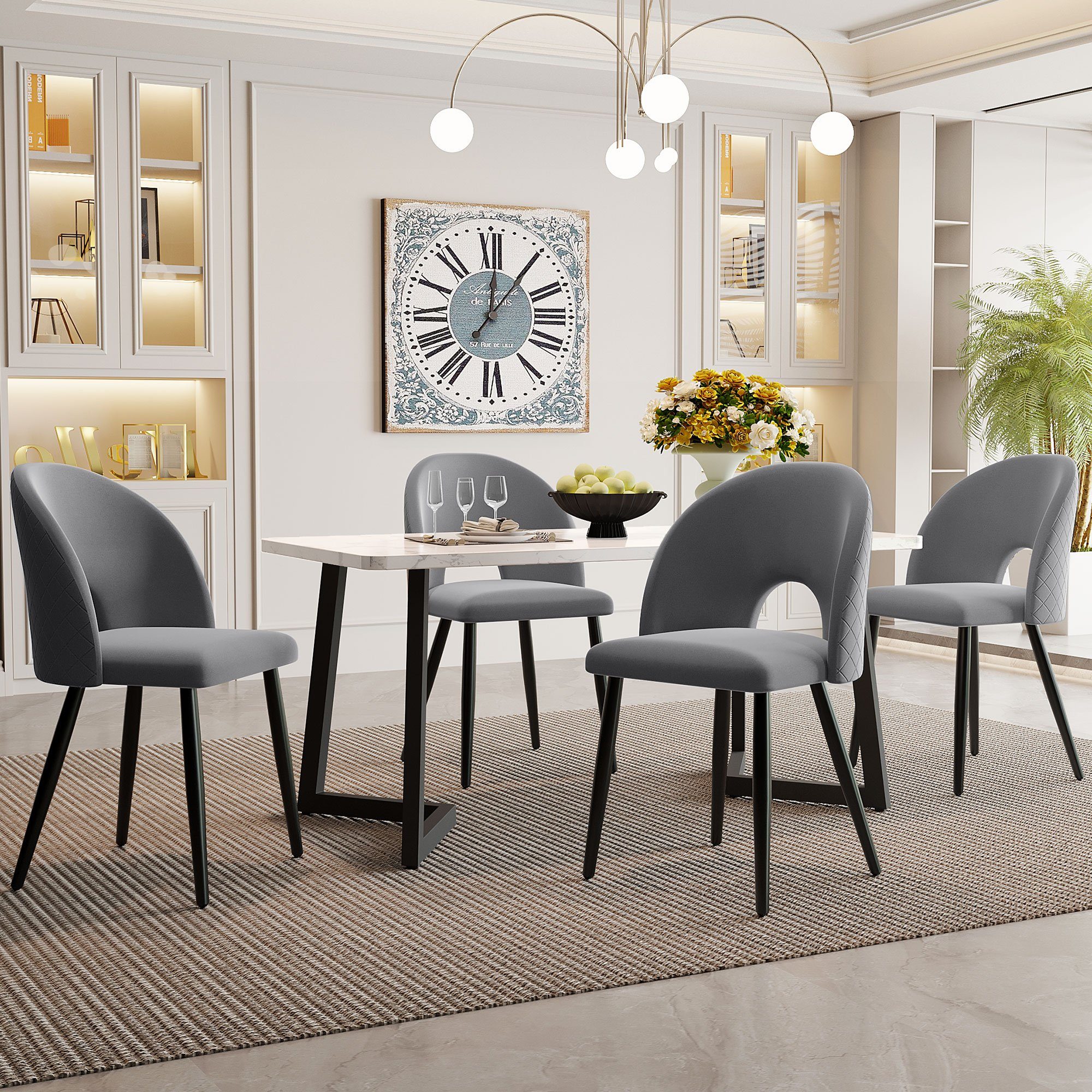 Flieks Essgruppe, (Esszimmerset, 5-tlg), Esstisch mit 4er Stühlen Set Esszimmerstuhl Samt Küchentisch Grau