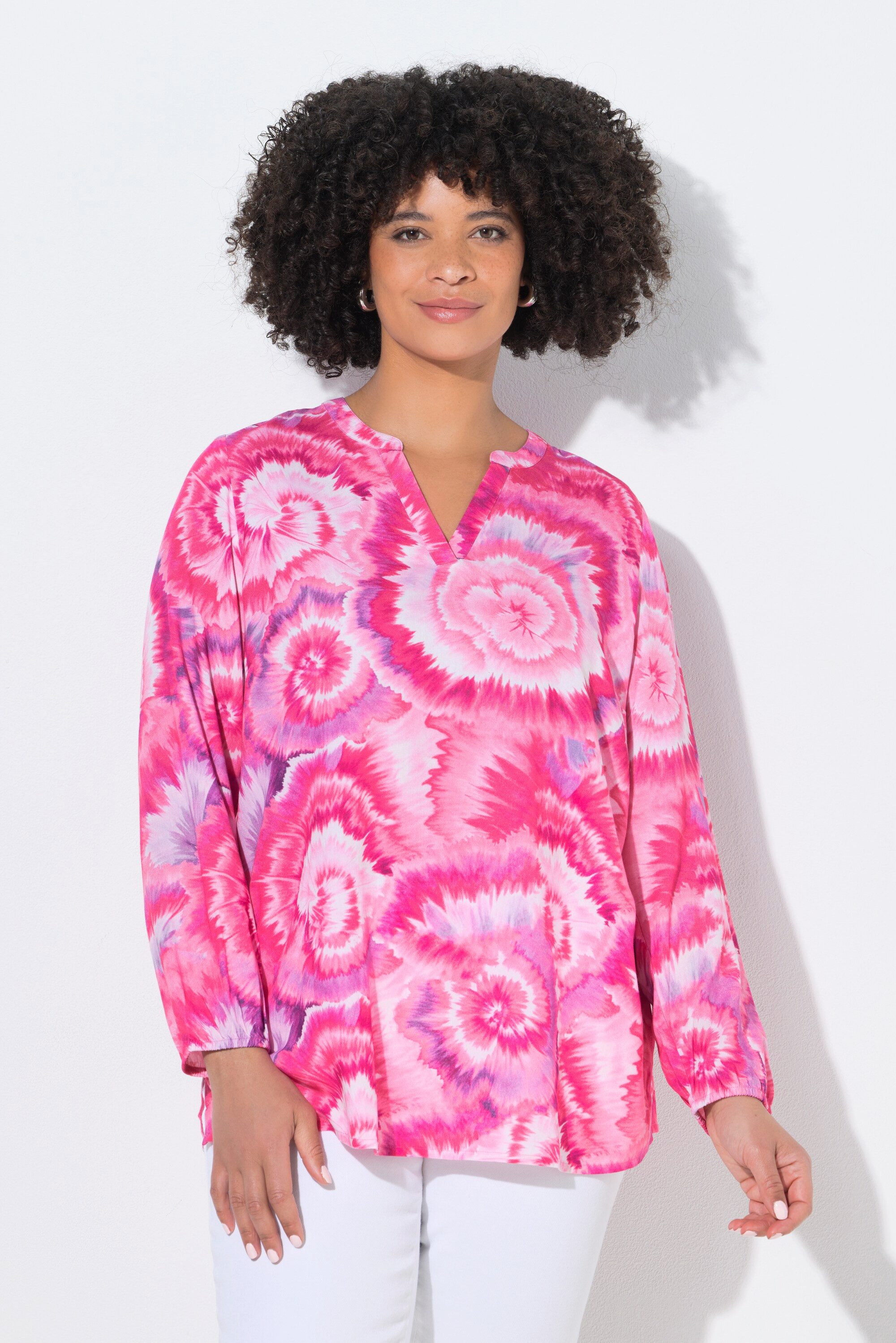 Longbluse Bluse A-Linie Batik-Muster Langarm