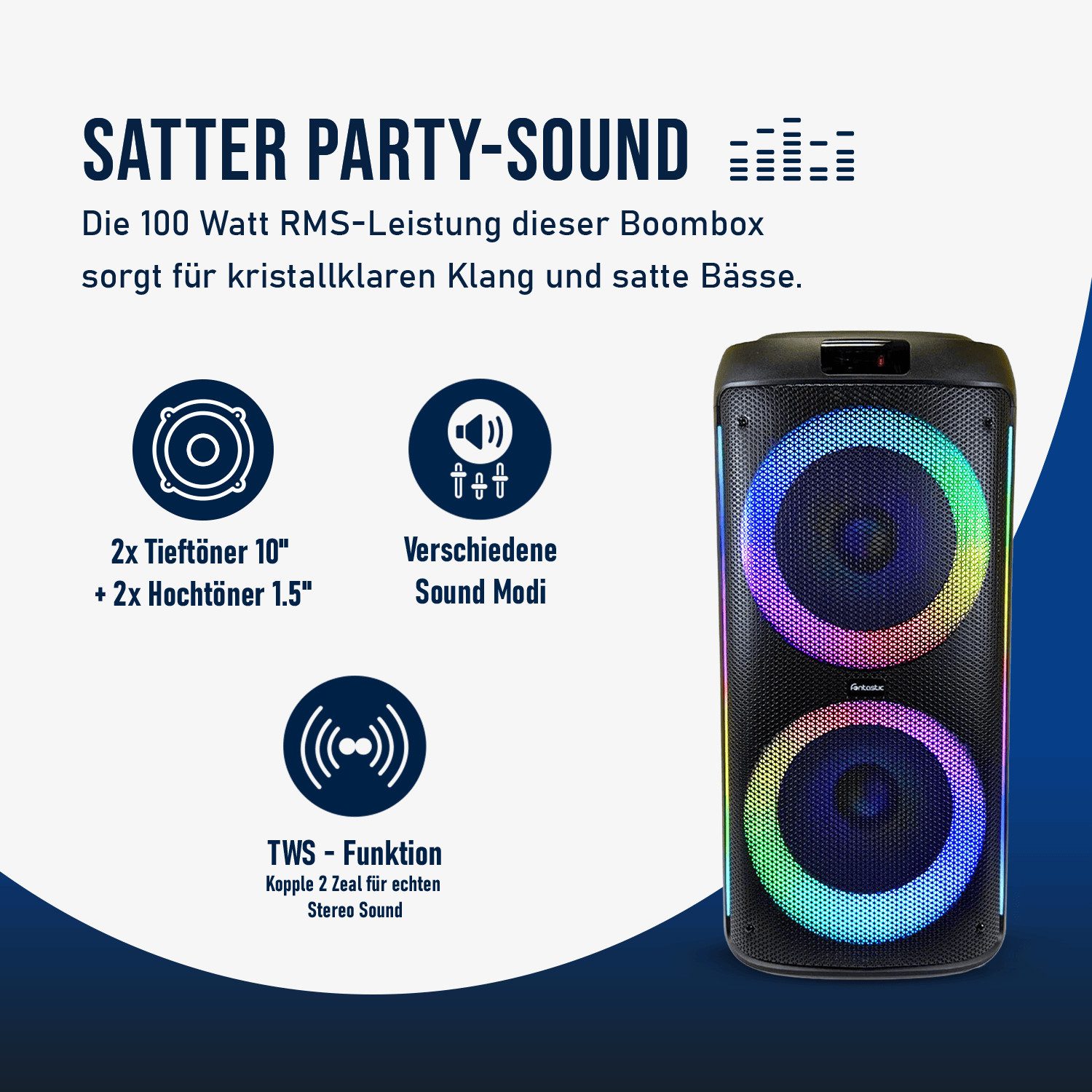 fontastic Zeal 1000 Party Lautsprecher mit Mikrofon, LED & Bluetooth Bluetooth-Lautsprecher (100 W)