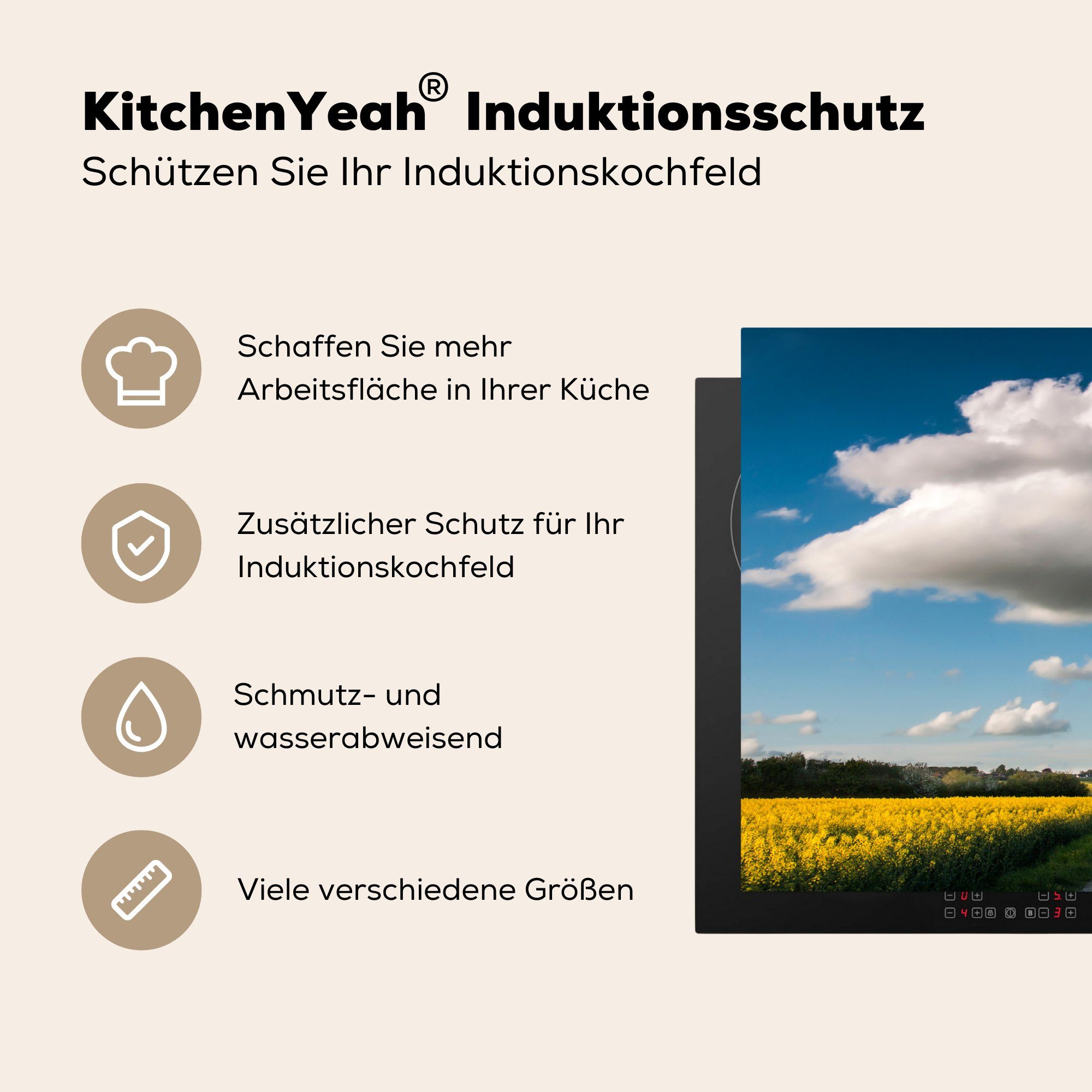 MuchoWow Herdblende-/Abdeckplatte gelben Feld, küche 83x51 tlg), (1 Wolken Arbeitsplatte für Ceranfeldabdeckung, einem Vinyl, cm, über