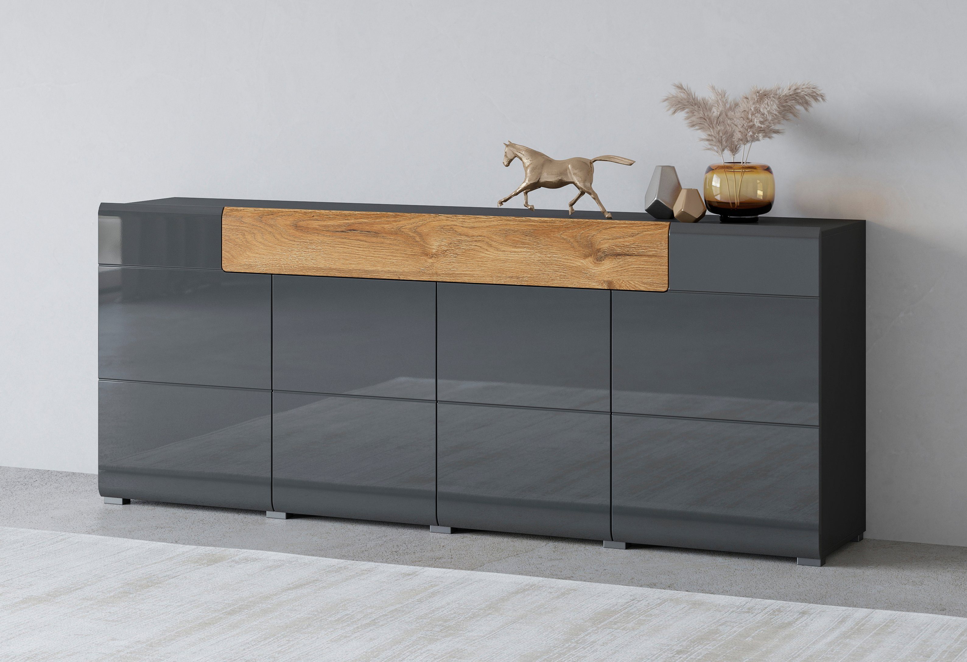 INOSIGN Sideboard Toledo,Breite 208cm,moderne Kommode mit dekorative Fräsungen,grifflos, Kombikommode mit viel Stauraum, Einlegeböden verstellbar