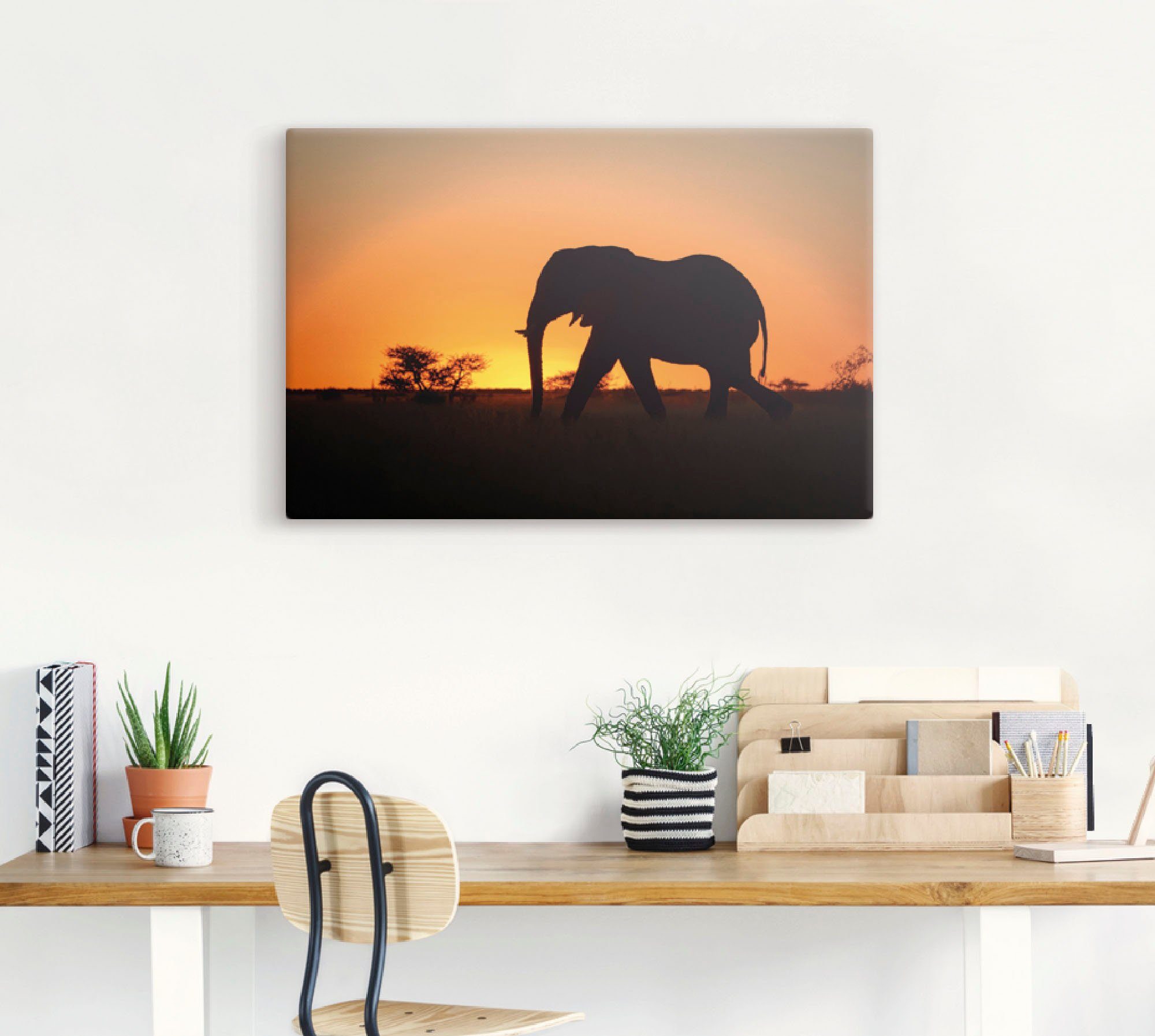 Artland Wandbild (1 Sonnenuntergang, Wandaufkleber Leinwandbild, im in Afrikanischer versch. Größen Elefant oder Wildtiere St), als Alubild, Poster