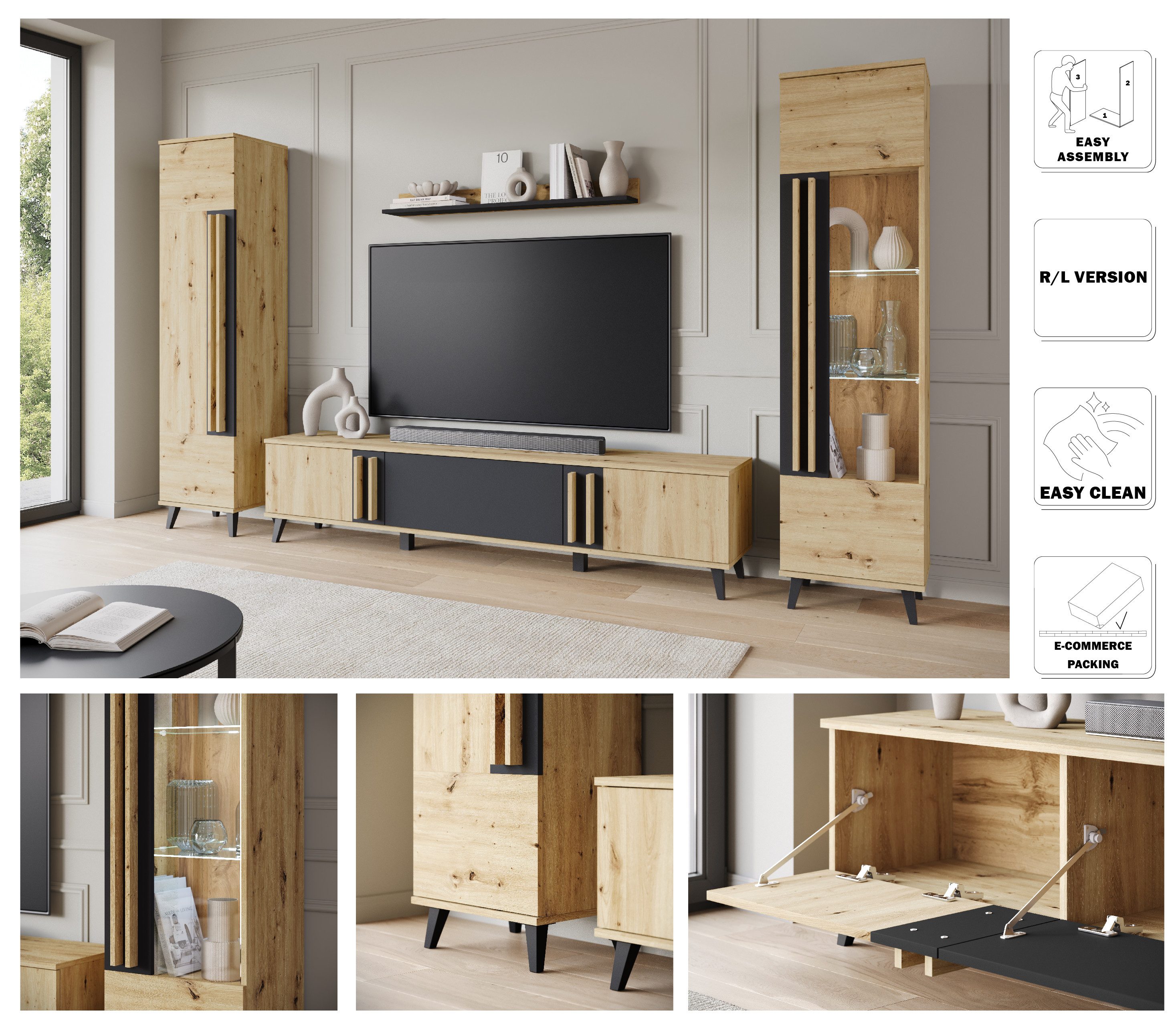 Home affaire Wohnwand Helsinki, Modernes Set mit verglaster Vitrine, (Komplett-Set, 4-St), mit lamellengriffen, verstellbaren Einlegeböden und Kunststofffüßen
