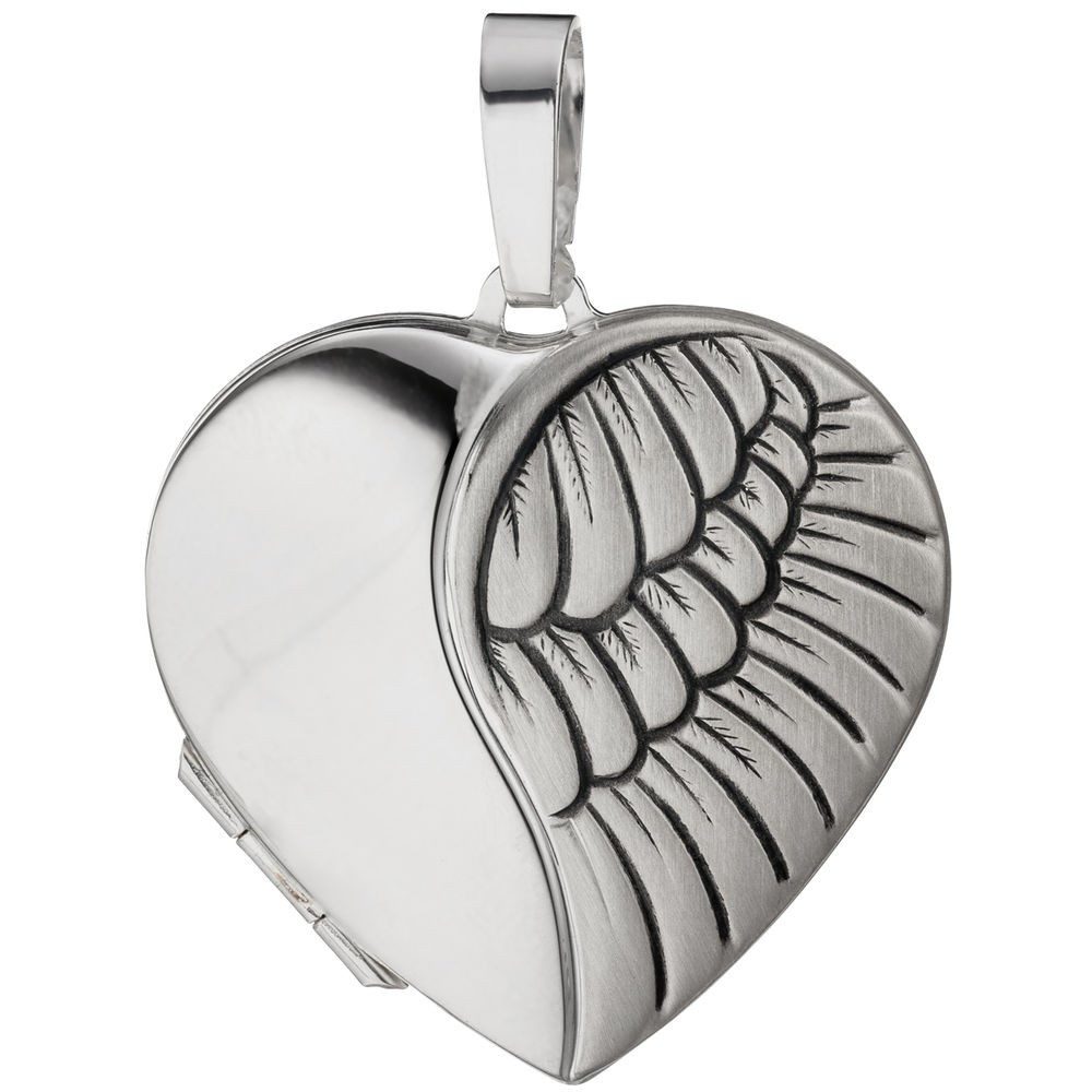 Schmuck Krone Kettenanhänger Medaillon für 2 Fotos, Herz mit Flügel, 925 Silber, Silber 925