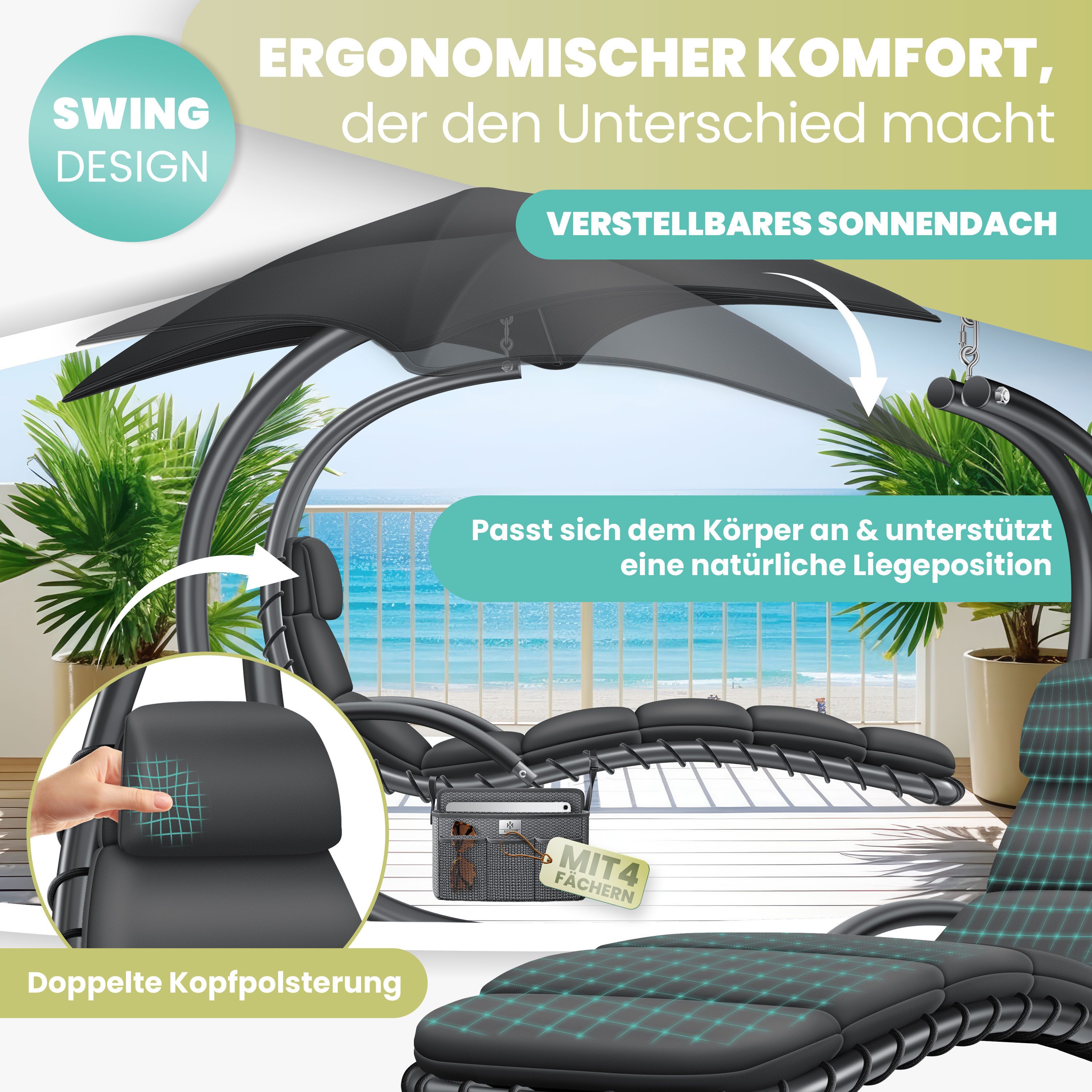 KESSER Gartenliege, Schwebeliege mit Sonnenschirm, Hängeliege Sonnenliege