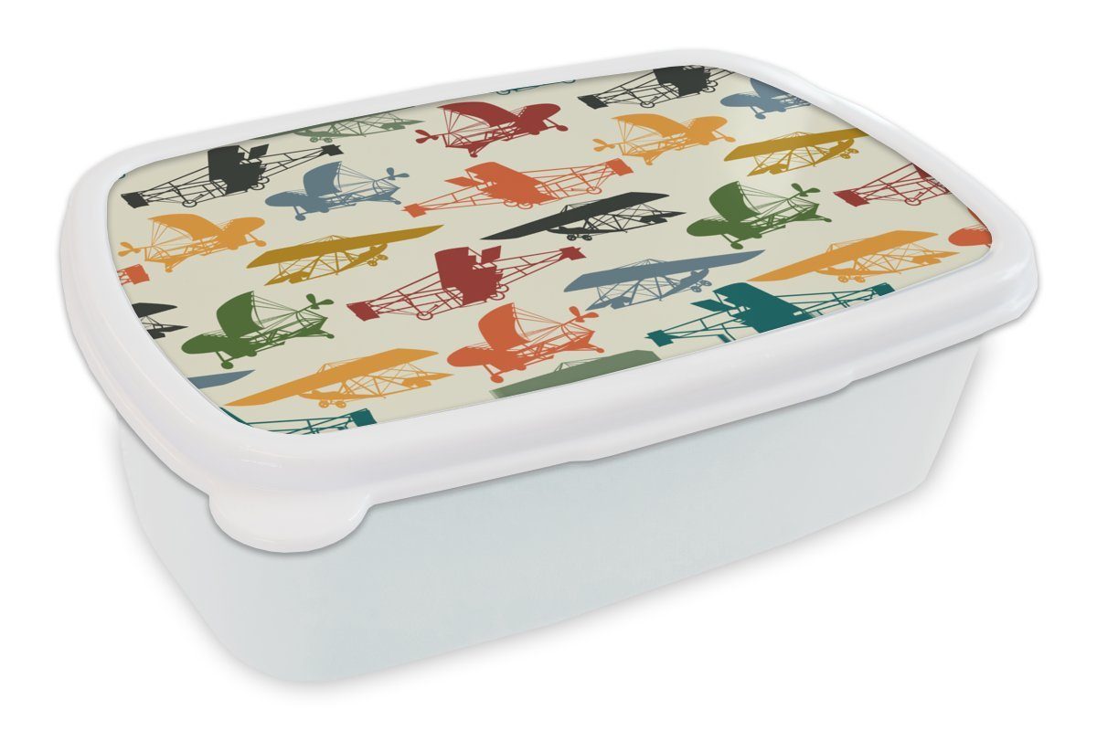 MuchoWow Lunchbox Muster - Flugzeug - Retro - Jungen - Kinder - Kleiner Junge, Kunststoff, (2-tlg), Brotbox für Kinder und Erwachsene, Brotdose, für Jungs und Mädchen weiß