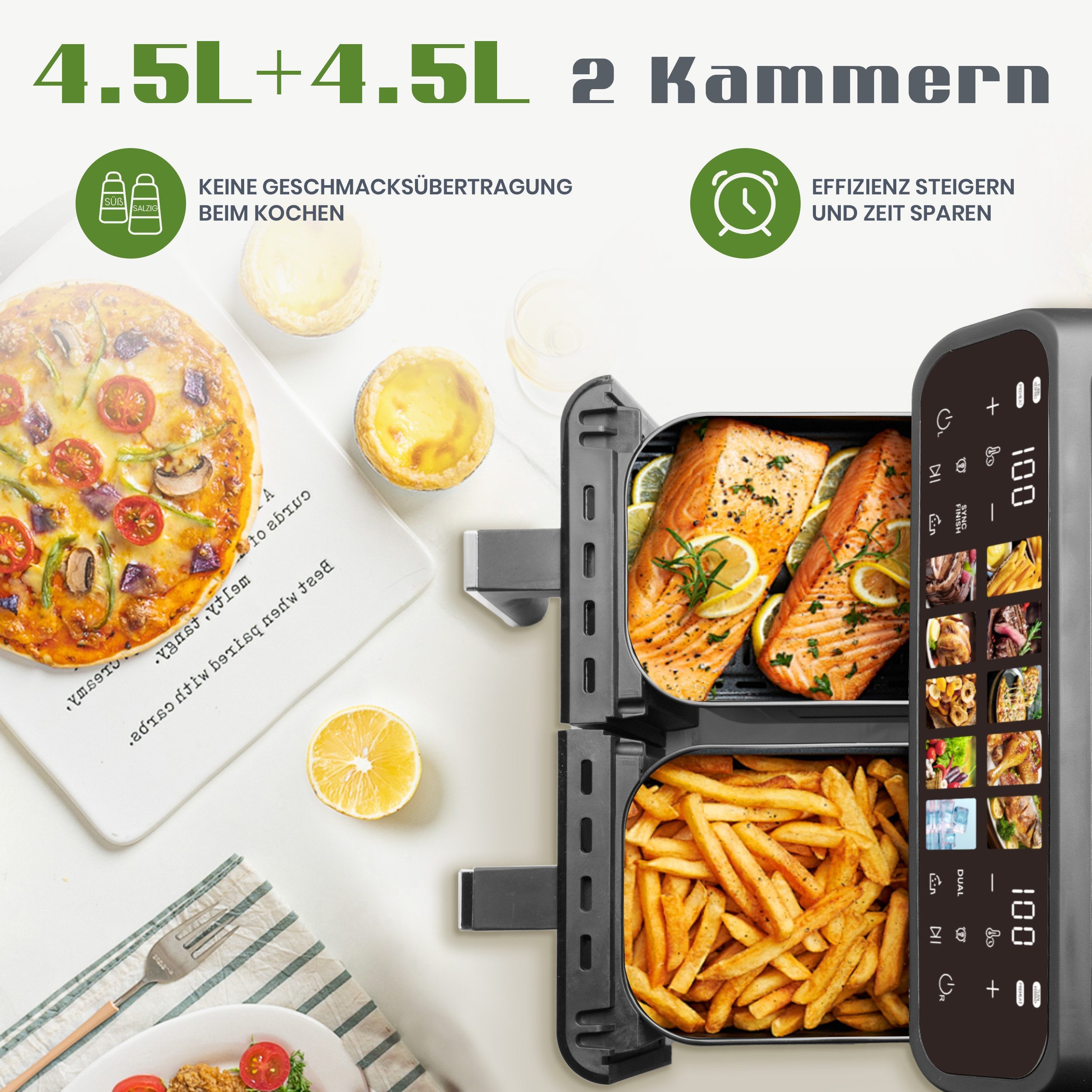 WHEELYOU Heißluftfritteuse 9L XXL, Dual Airfryer 2000W mit LED-Display, Sichtfenster & 10 Programmen, 2000 W, Doppelkammer-Airfryer mit LED-Display, Sichtfenster, Timer