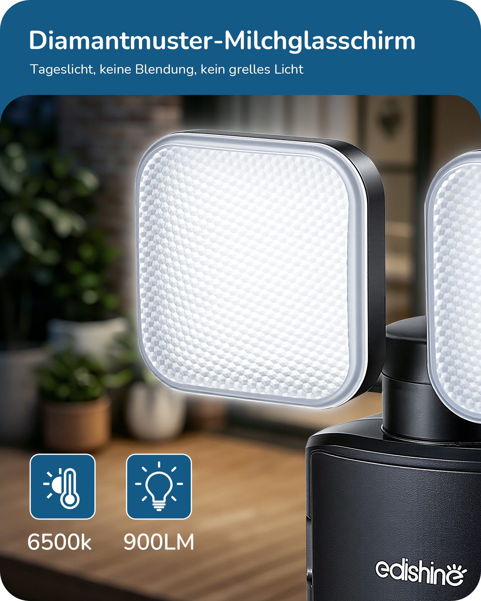 EDISHINE Wandstrahler mit Bewegungsmelder, LED fest integriert, Tageslichtweiß, 900 Lumen, 6500K, Flutlicht mit zwei drehbaren Leuchtenköpfen – Bild 5 von 5
