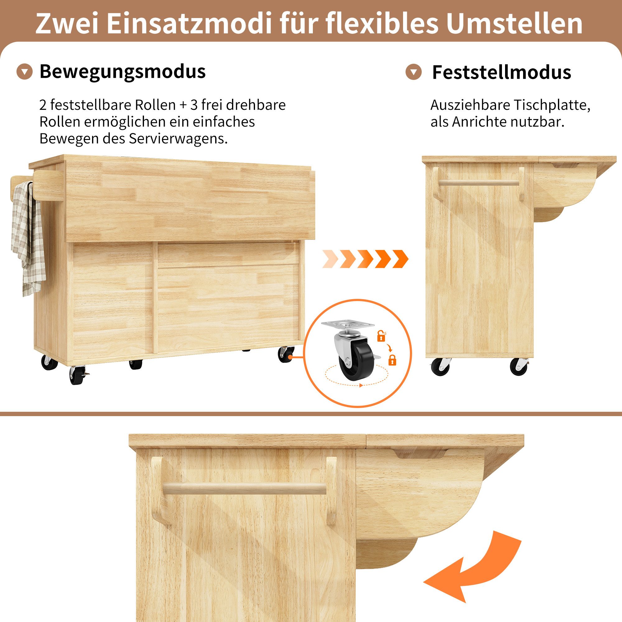 STILVORA Küchenwagen mit Türablage,ausziehbarer Küchenschrank Buffetschrank mit Schubladen, (Kücheninsel– Ausziehbarer Küchenwagen mit Rollen, Holzmaserung, 1 St., Aufgeklappt:120x75x92cm zusammengeklappt:120x45x92cm)