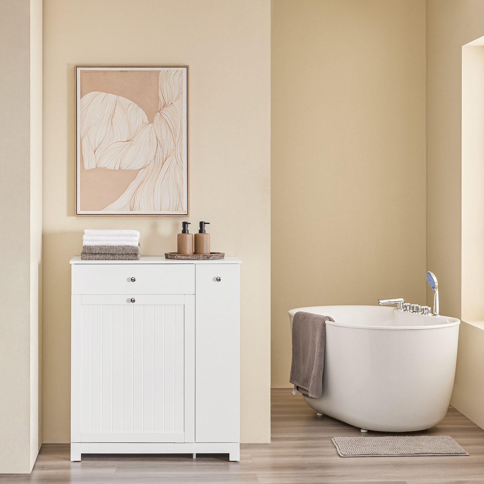 SoBuy Badkommode BZR214, Badschrank Wäscheschrank mit 2 Wäschekörben, Badezimmerschrank, Badmöbel mit Schublade, Wäschekörben, Ausziehfach, Hochschrank schmal