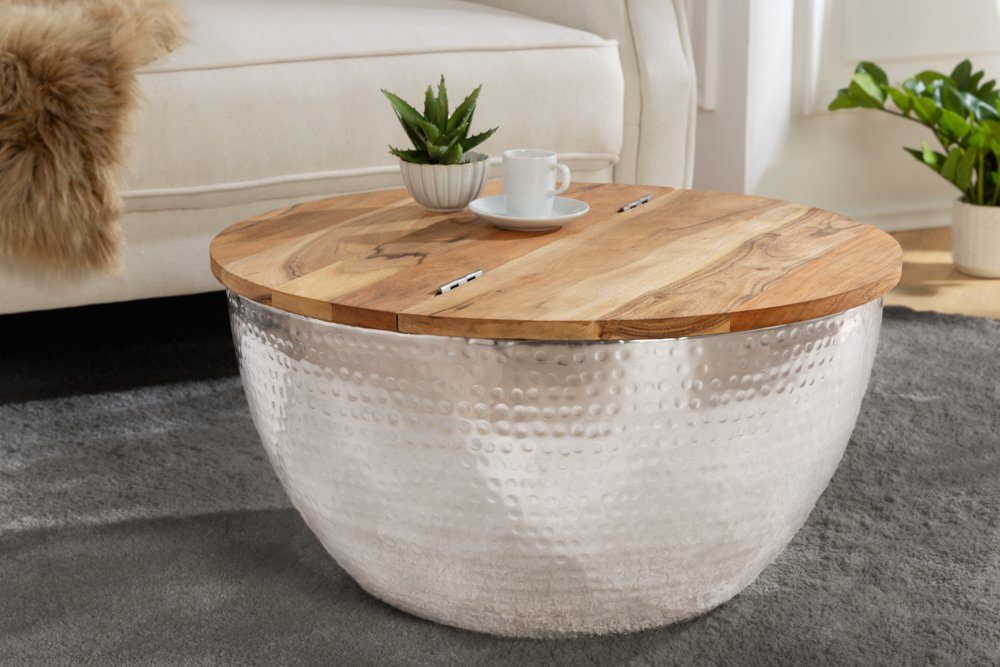 riess-ambiente Couchtisch ORIENT STORAGE Ø60cm natur / silber (Einzelartikel, 1-St), Wohnzimmer · rund · Massivholz · Metall · mit Stauraum · Hammerschlag