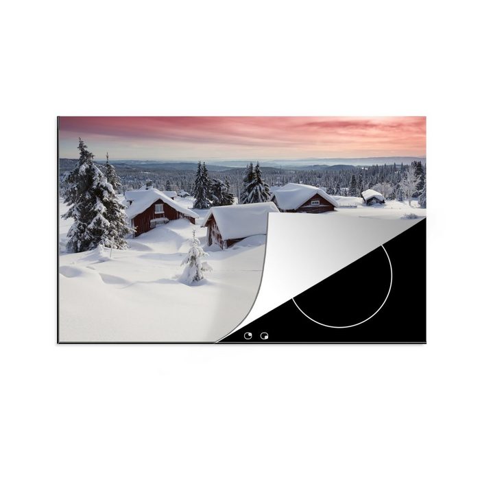 MuchoWow Herdblende-/Abdeckplatte Schneebedeckte Blockhütten unter rotem Himmel Vinyl (1 tlg) Ceranfeldabdeckung für die küche Induktionsmatte