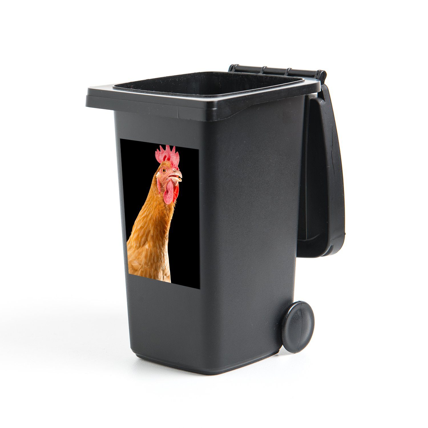 Kamera Sticker, Mülleimer-aufkleber, schwarzem (1 schaut Wandsticker St), Hintergrund MuchoWow Container, vor Abfalbehälter die Hahn in Mülltonne,