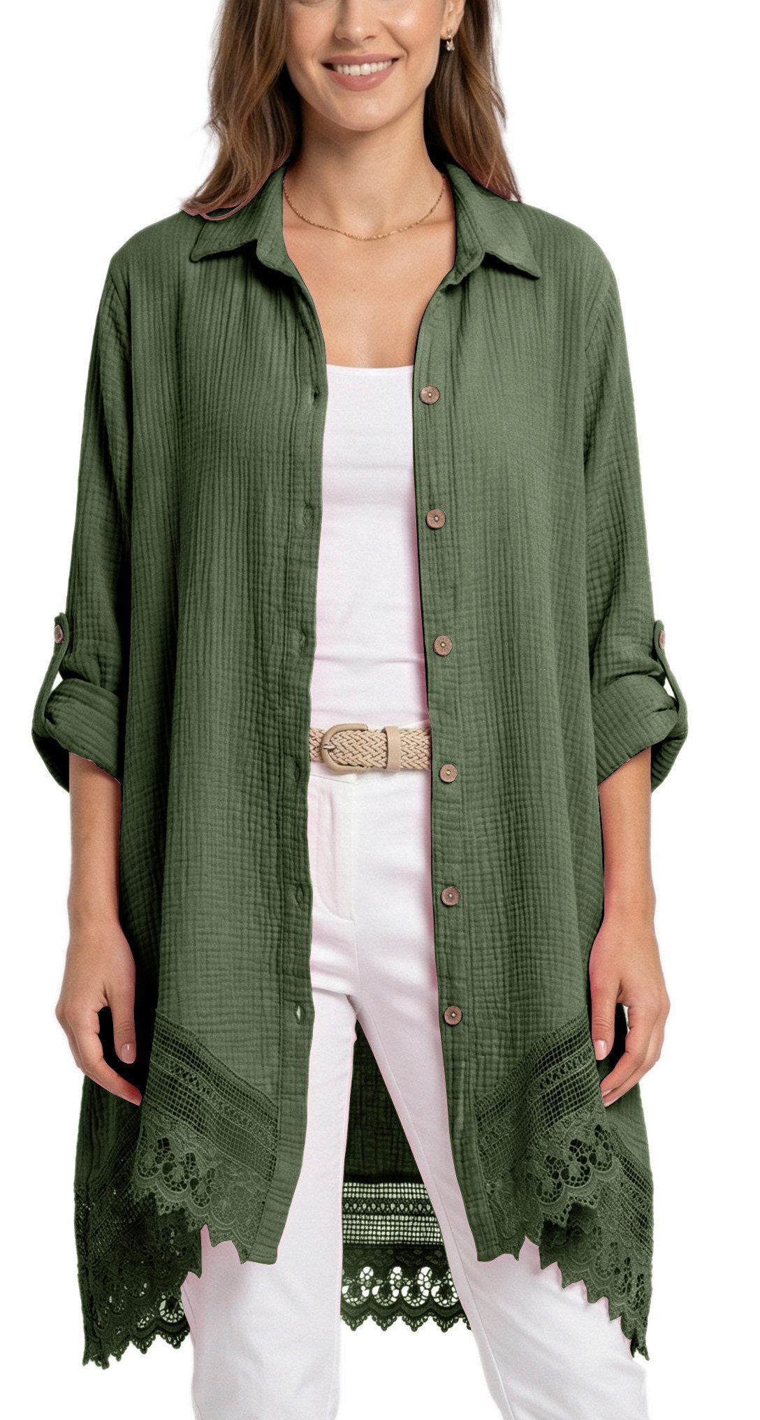 dy_mode Longbluse Damen Oversized Longbluse Musselin Tunika HemdbluseBlusenkleid in Unifarbe, dekorativem Häkel-Saum, Oversize-Passform