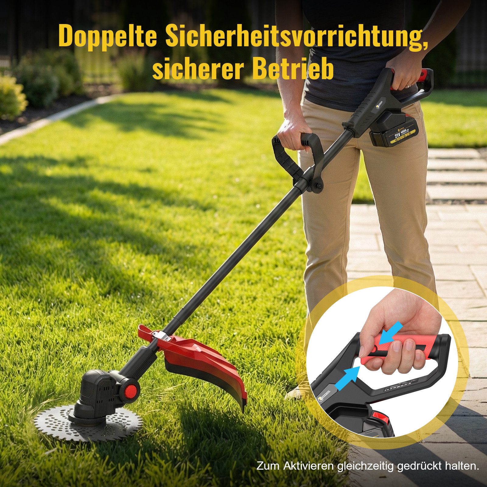 CONENTOOL Akku-Rasentrimmer Bürstenlos 1200W, 8000mAh Gesamtkapazität (2×4,0Ah), 25.5 cm Arbeitsbreite Messer, 23 cm Arbeitsbreite Faden, (Bürstenloser Motor, 2 – Bild 5 von 5
