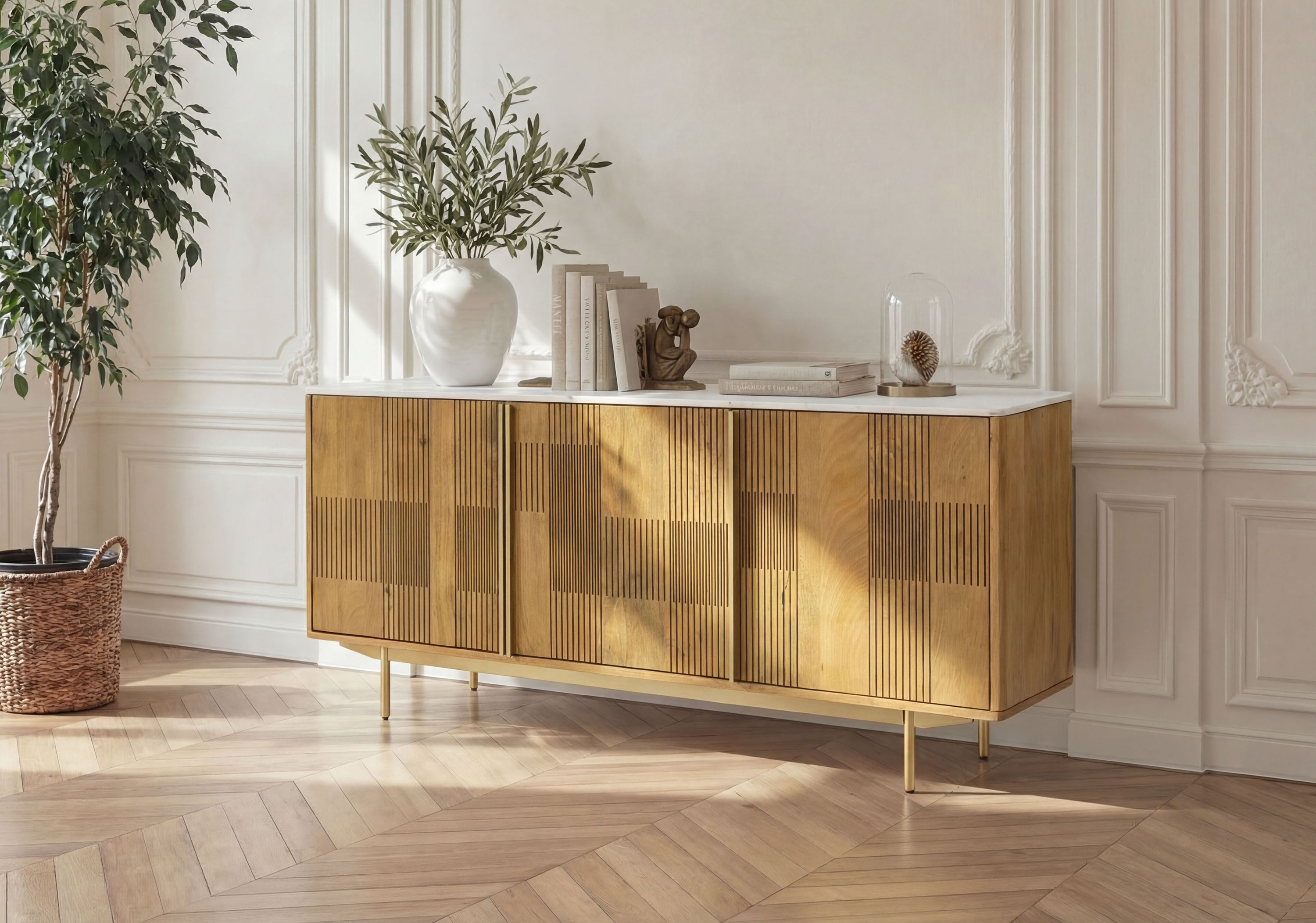 Massivmoebel24 Sideboard MIAMI (Massivholz), Mango 180x40x80 hellbraun geölt / Marmor weiß MIAMI #100