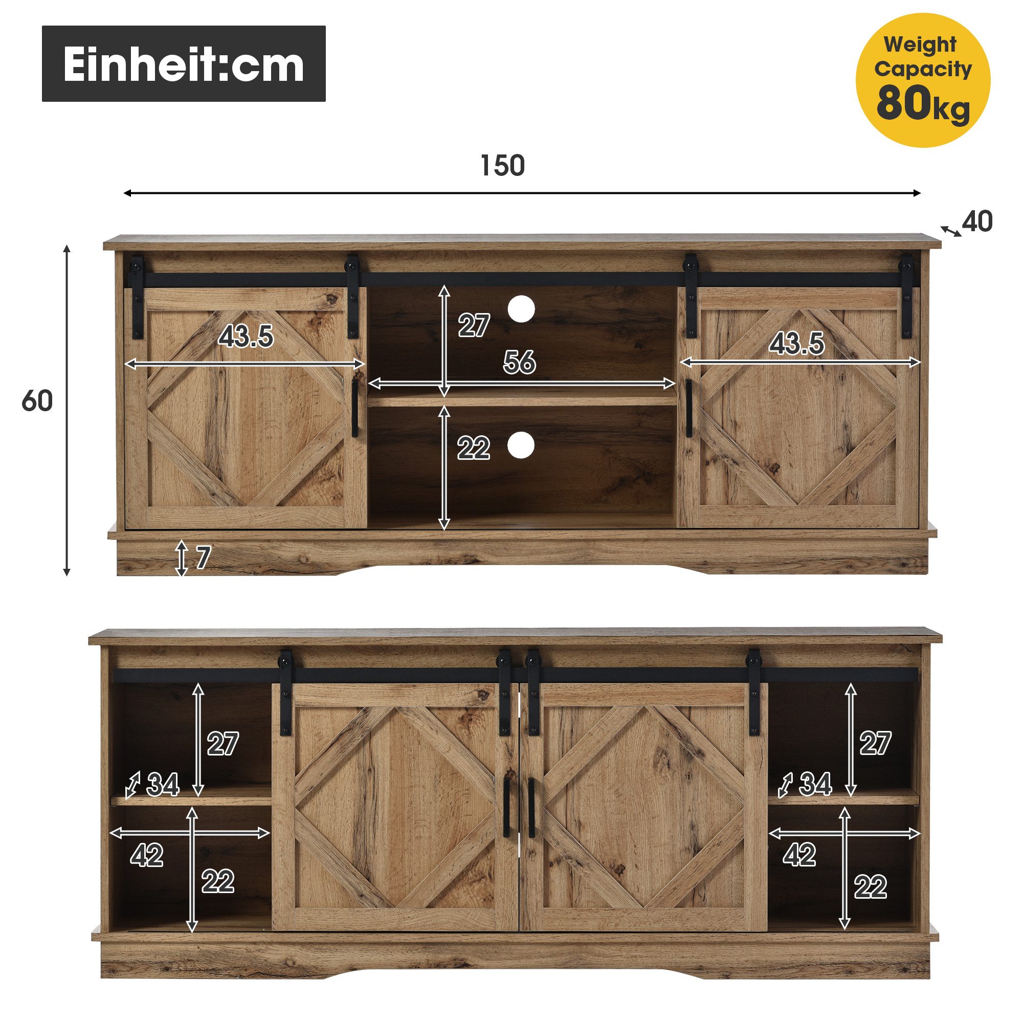 IDEASY TV-Schrank TV-Schrank, Sideboard, Aufbewahrungsschrank, Schiebetür, (Schließfach, Vitrine) 150*40*60 cm, weiß/braun, 2 Kabelführungslöcher, Kabelaufbewahrung