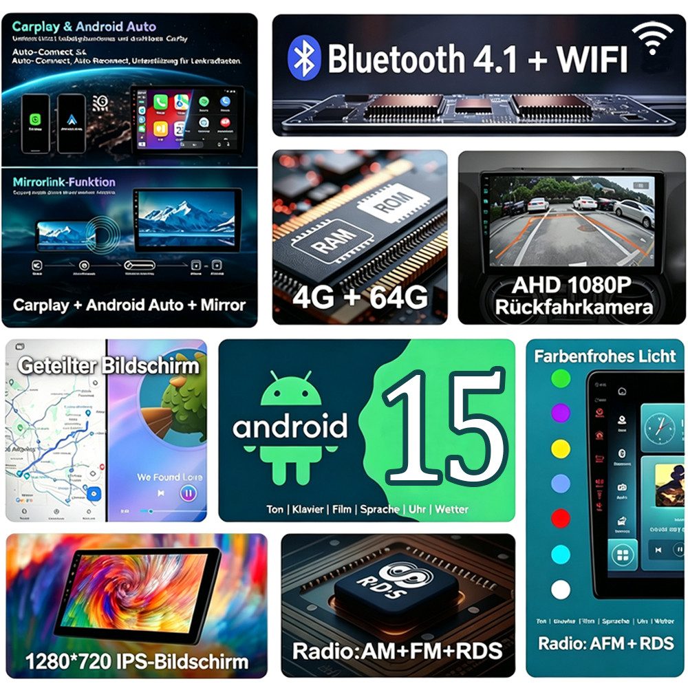 ESSGOO DAB+ Android 15 Carplay Für Ford Focus Mk2 Transit C/S-MAX Galaxy Kuga Navigationsgerät (Apple Carplay Android Auto GPS Navi WIFI BT 4.1 EQ RDS SWC)