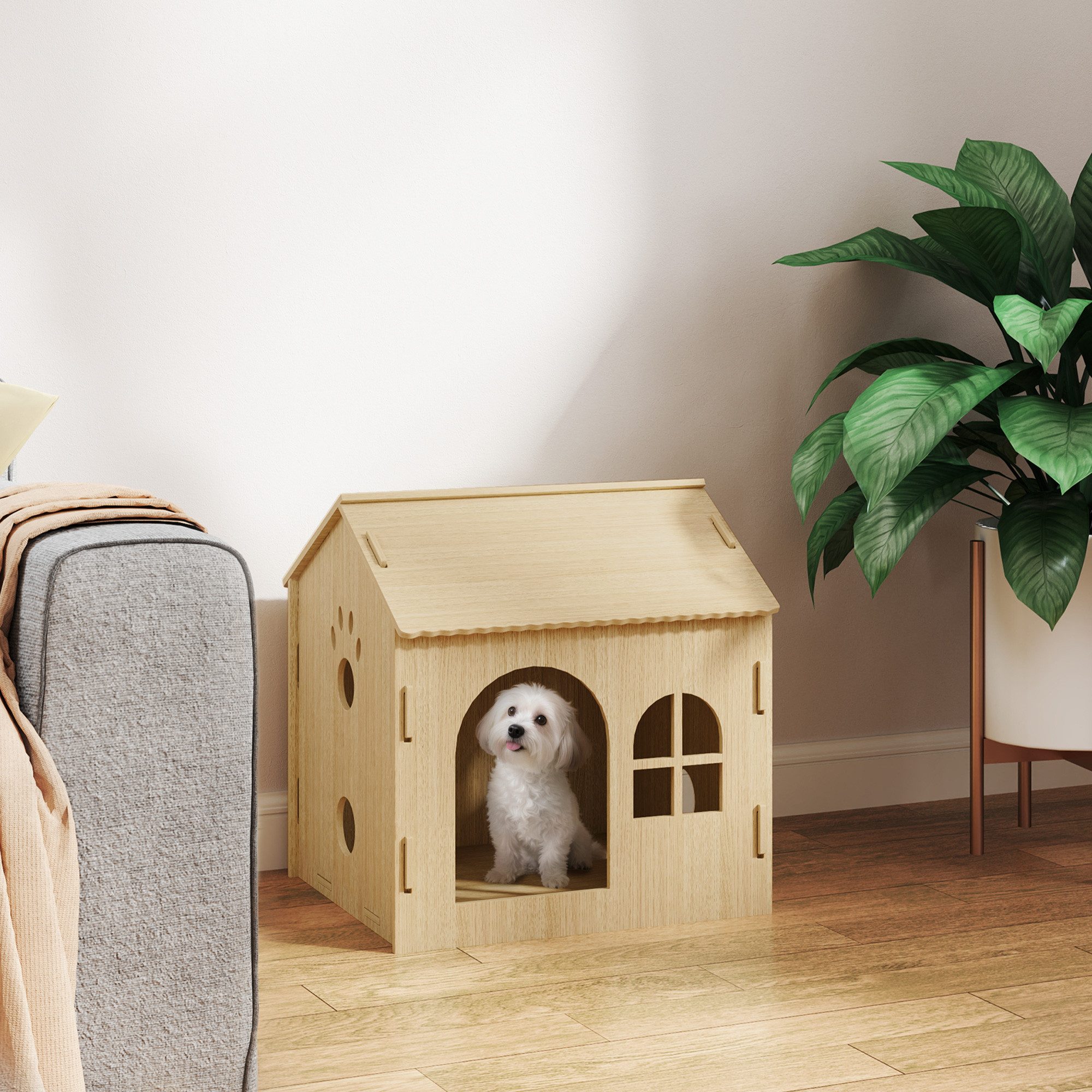 PawHut Hundehütte mit Fenster, niedliches Pfoten-Design, Montage ohne Schrauben, für kleine Hunde unter 4 kg, Indoor, 49,5 x 41 x 51 cm, Eiche