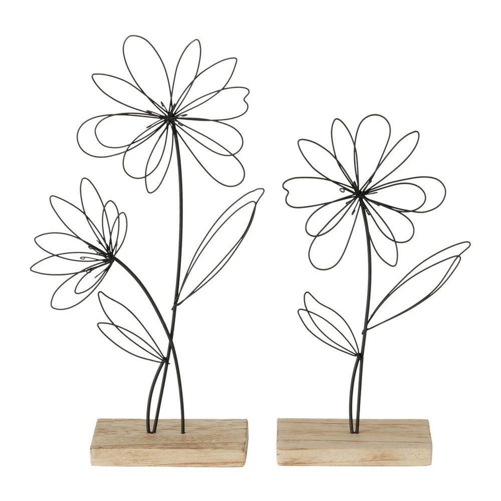 BOLTZE Dekoobjekt 2tlg. Dekoaufsteller BLUMY schwarz natur H28cm Metallblumen mit Holzfu