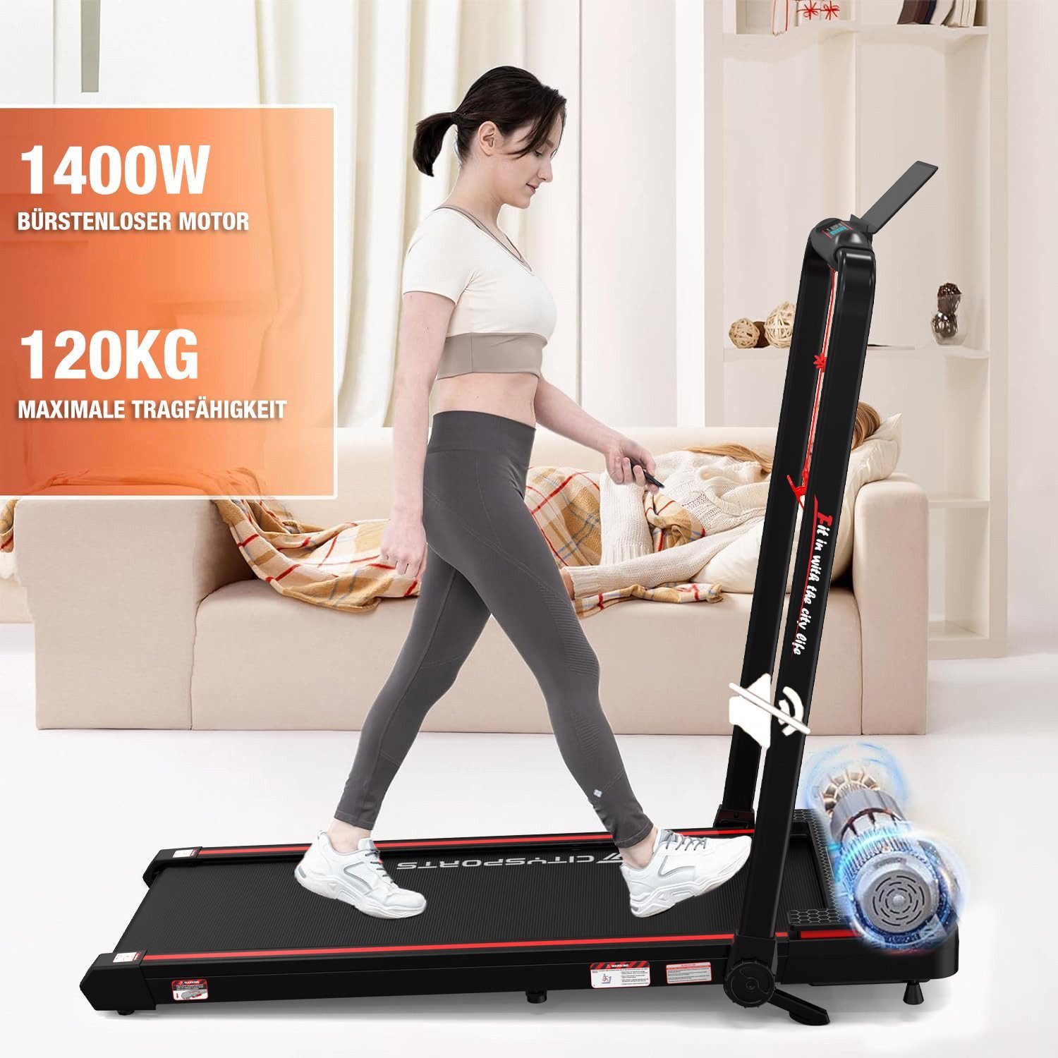 CITYSPORTS Laufband WP3S Klappbares Laufband für Zuhause 1400W Walking/Jogging Pad (Tool kits,Schmiermittel), 1-12km/h Max.Tragfähigkeit 120 kg, Bluetooth APP-Funktion