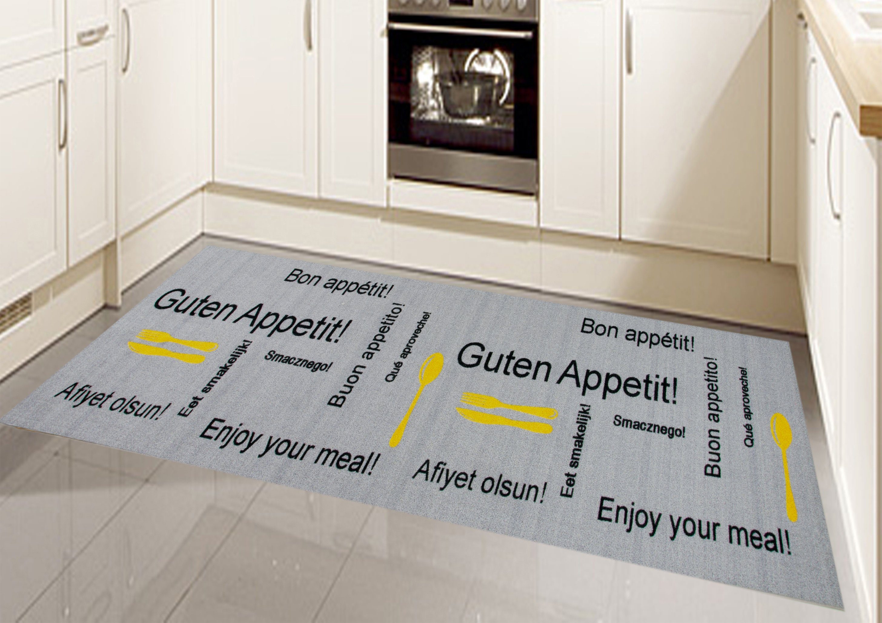 Teppich Küchenteppich waschbar mit Schriftzug Guten Appetit in Grau Gelb, TeppichHome24, rechteckig