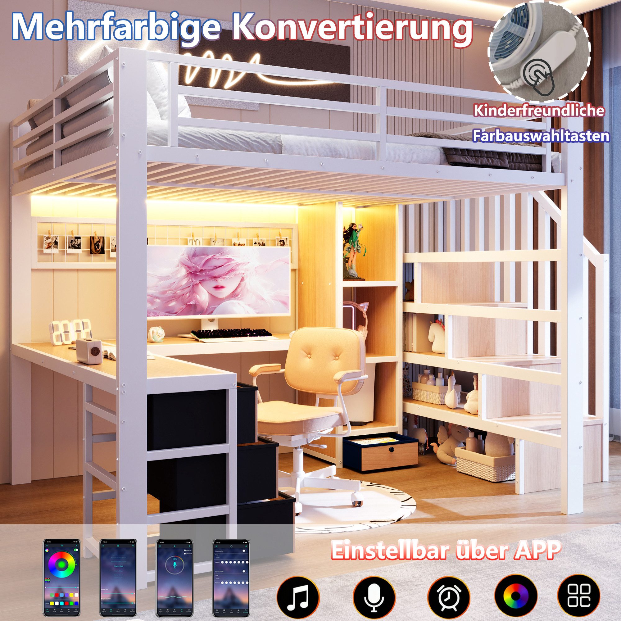 Odikalo Hochbett 90x200 140x200 Kinderbett Jugendbett mit Schreibtisch LED und Stauraum (Eisenrahmen, Ablagefach, 4 Schubladen, Gitter zum Aufhängen von Gegenständen, mit LED-Lichtleiste, Schreibtisch, Treppenkonstruktionen mit Stauraum, Ohne Matratze)