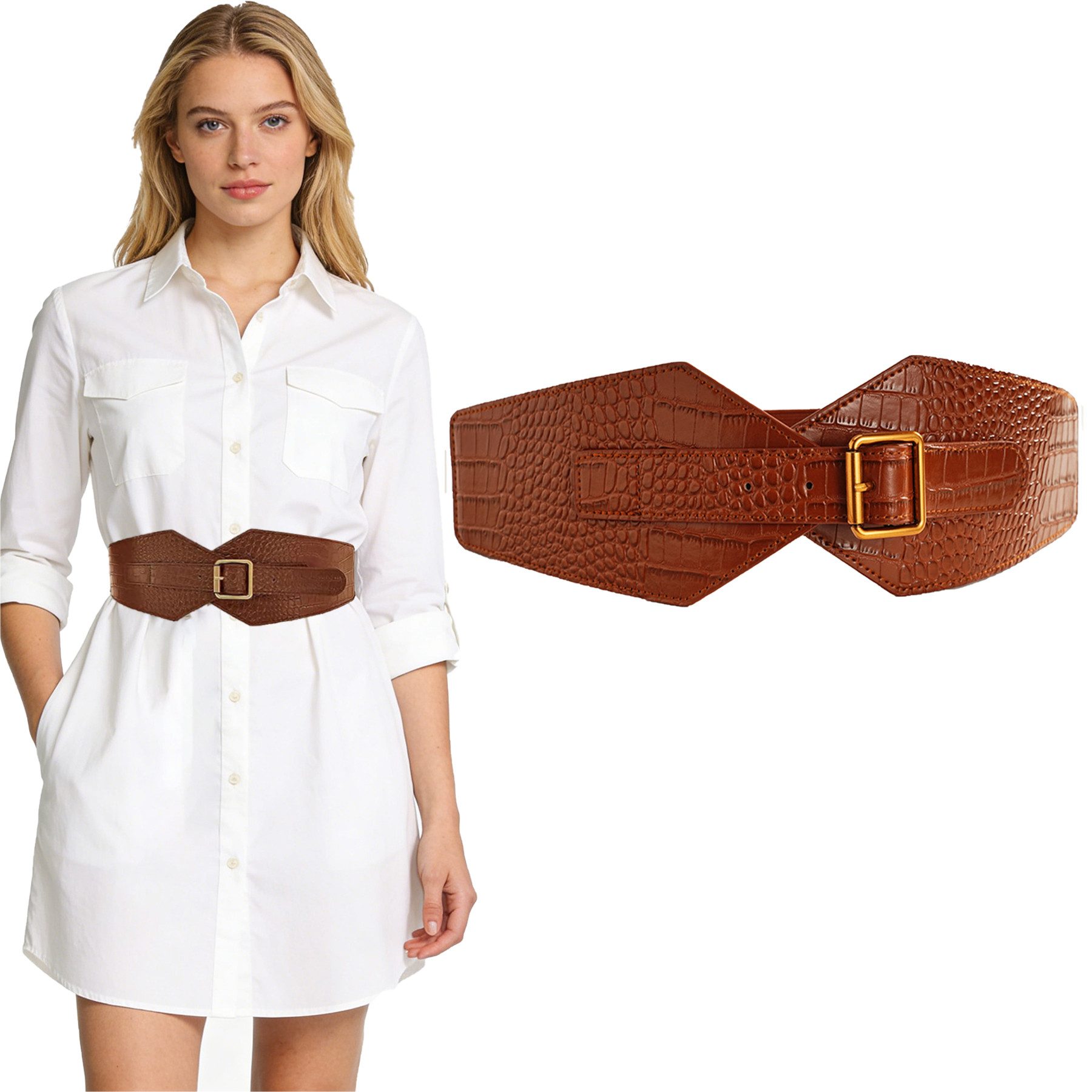 Mutig Taillengürtel Stretchgürtel,Eleganter Damen-Gürtel,Modisches Gürtel-Accessoire (Breiter Ledergürtel, Gürtel mit goldfarben-Schließe, vielseitiger Dekogürtel,Perfektes Accessoire für Kleider) Geeignet zum Kombinieren mit Röcken, Blusen, Anzügen, Trenchcoats usw