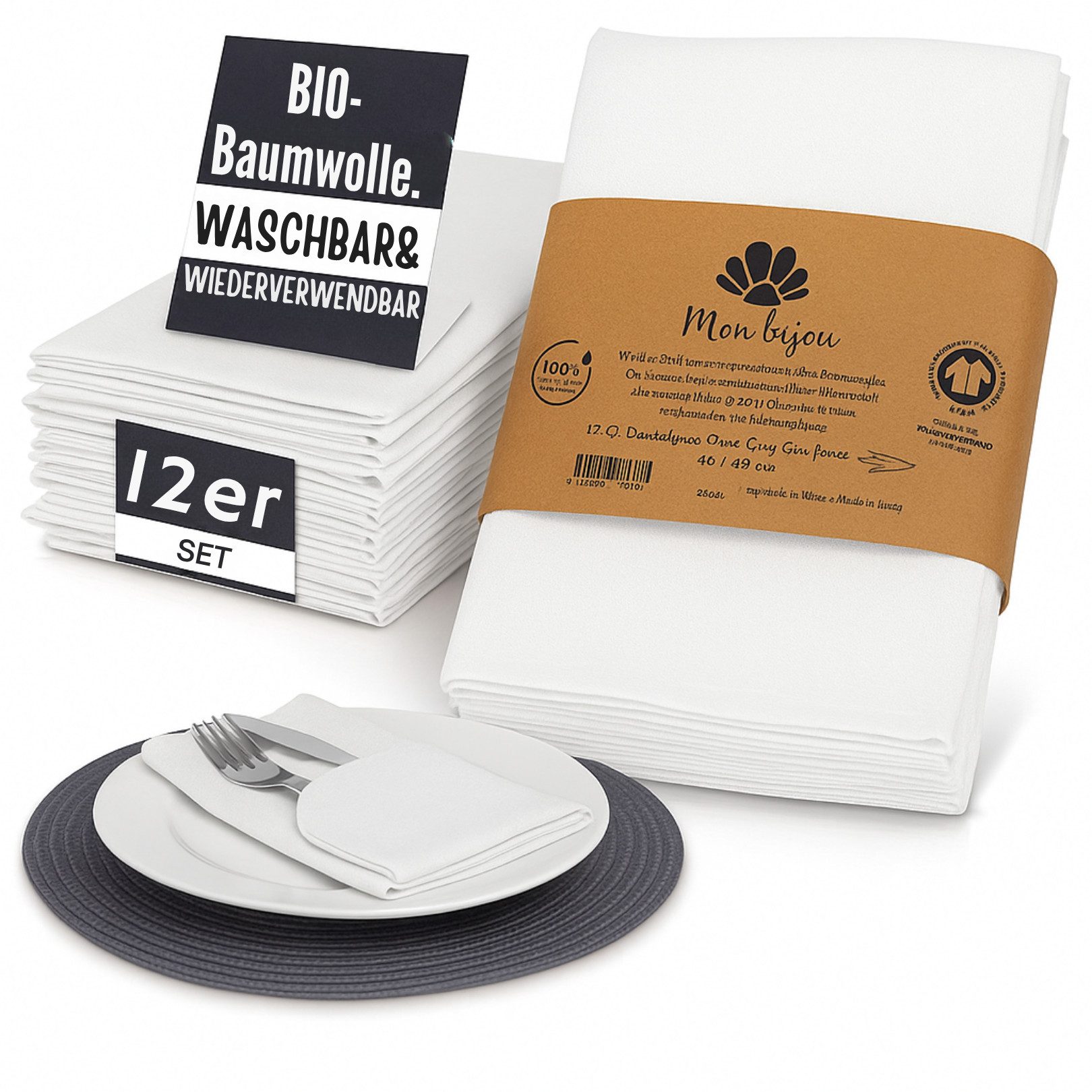 Mon Bijou Stoffserviette Stoffservietten Bio Baumwolle grau, weiß, dunkelgrau Servietten Stoff, (für Restaurants hochwertige Gastronomie Tischservietten Set 45 x 45cm, 12 St., Tischdeko für Hochzeit, Weihnachten, Geburtstagsfeier, Familienfeier), Baumwoll