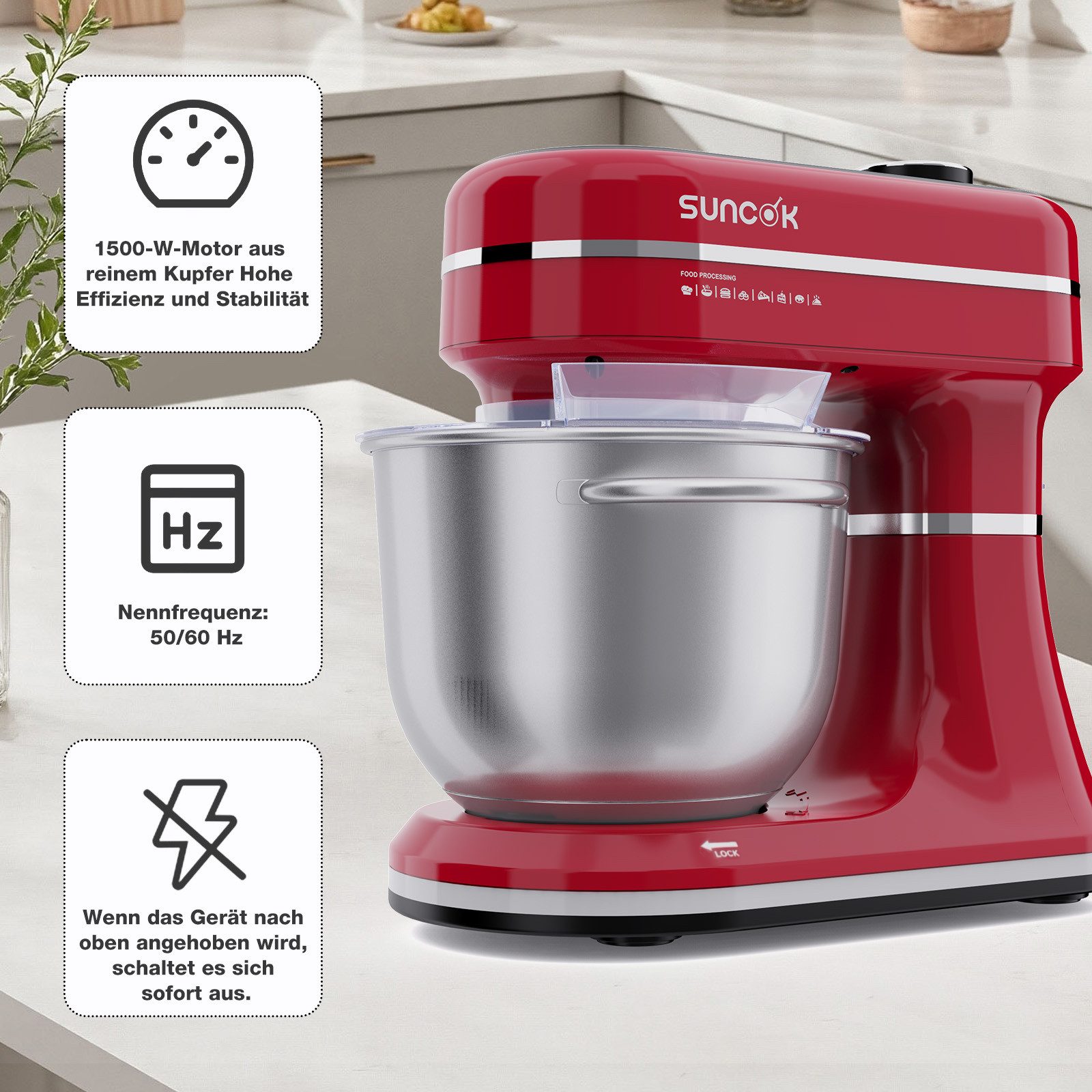 SUNCOK Küchenmaschine Multifunktionale Knetmaschine, 12-Geschwindigkeit, 59 Dezibel. geeignet zum Backen und Kneten von Teig, 1500 W, Elektrische Küchenmaschine,mit 2 Edelstahl-Rührschüsseln 4,5 und 5,5l