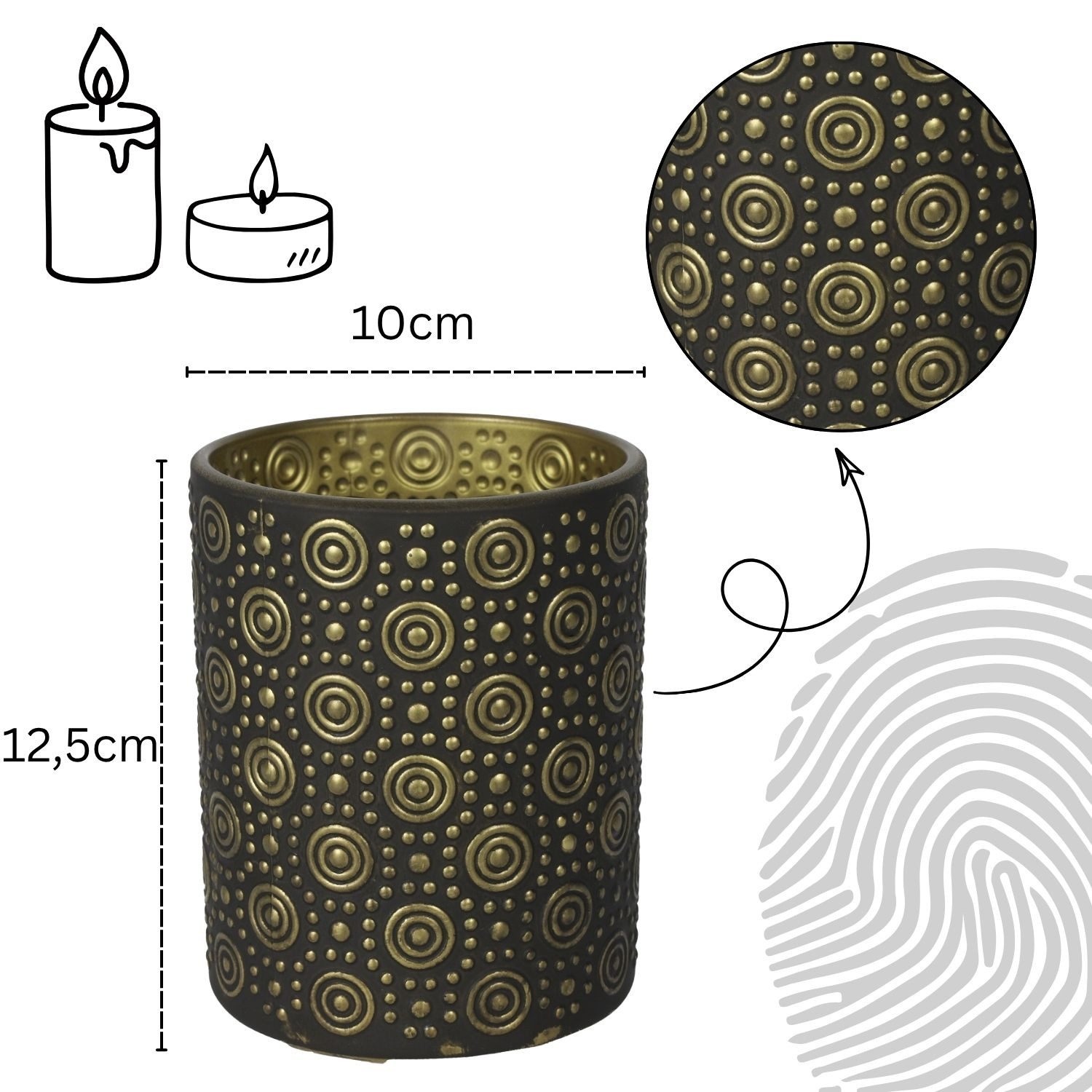 Marrakesch Orient & Mediterran Interior Windlicht Windlicht Hailey Schwarz Gold 12,5 cm Glas Kerzenhalter Deko rund edel (1 St), Handarbeit