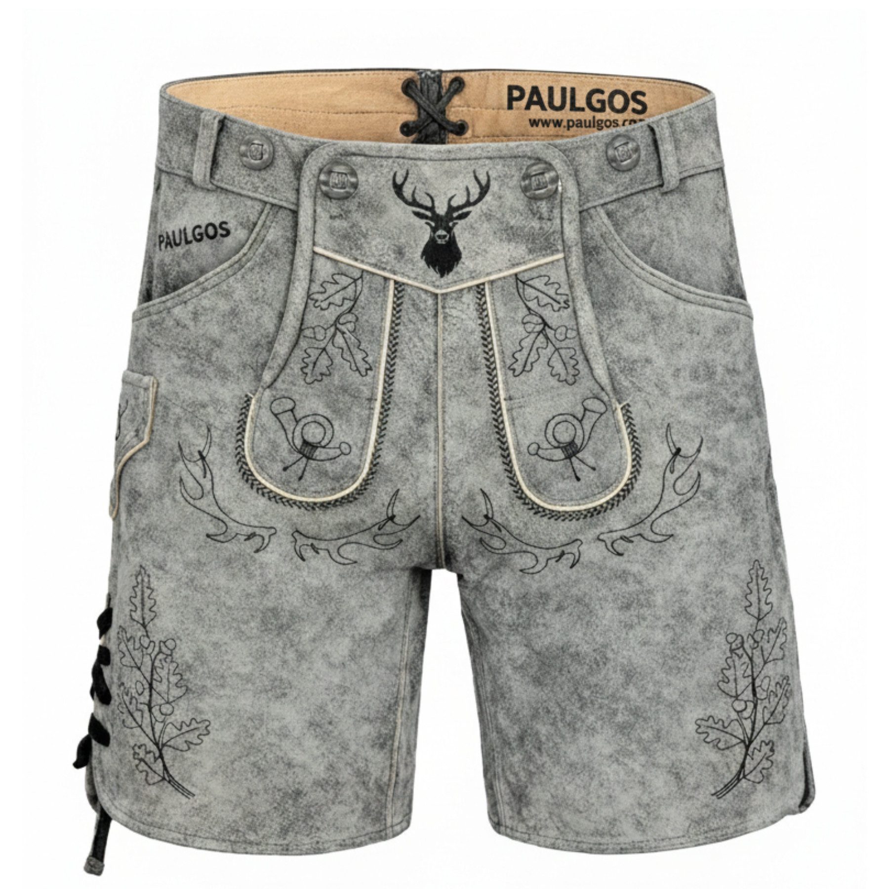 PAULGOS Trachtenhose Herren Lederhose Kurz mit Trägern 100% Echtleder - HK5 ANTIK